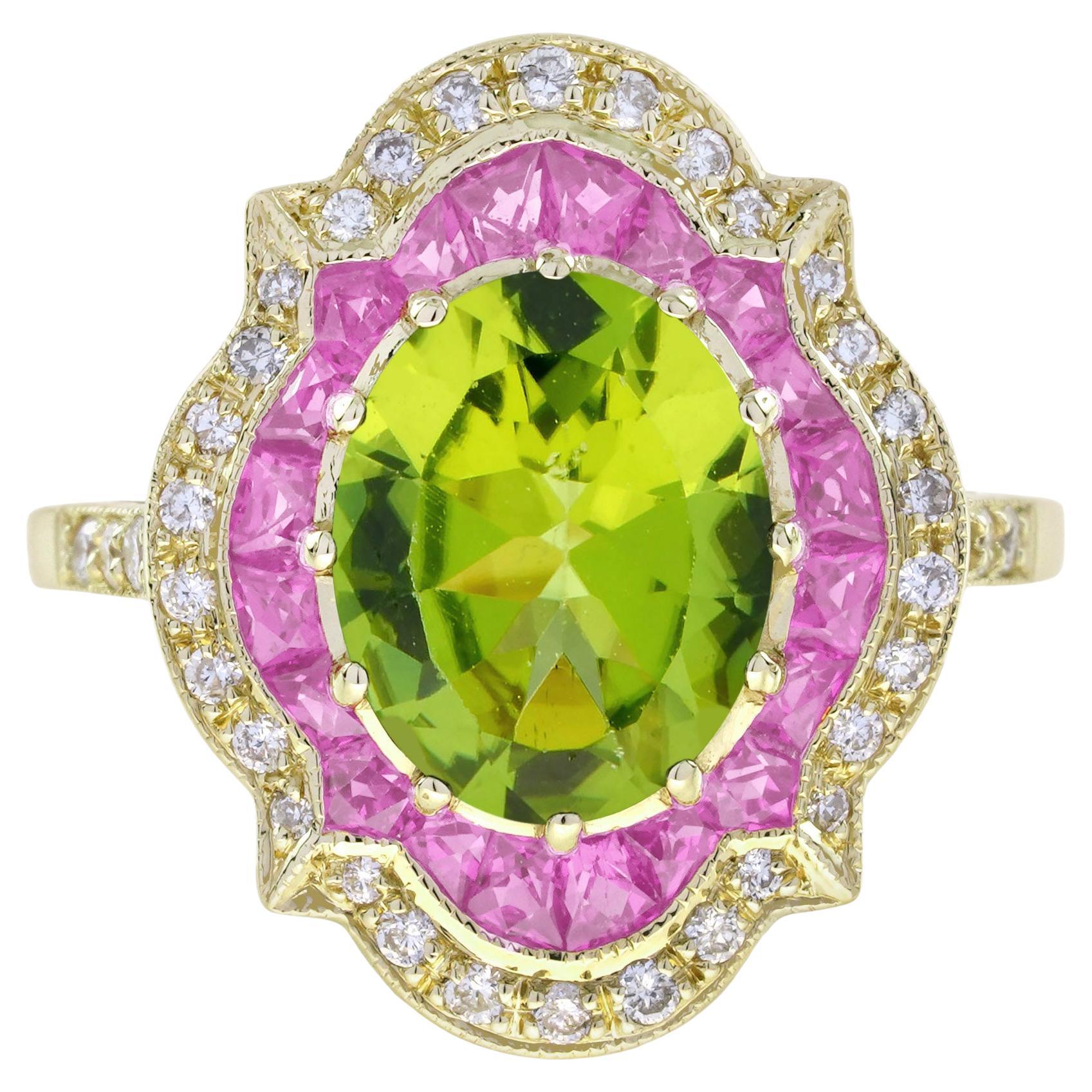 Bague de style art déco avec péridot, saphir rose et diamant, or jaune 14 ans en vente