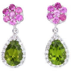 Peridot, Pink Sapphire and Diamond Earrings