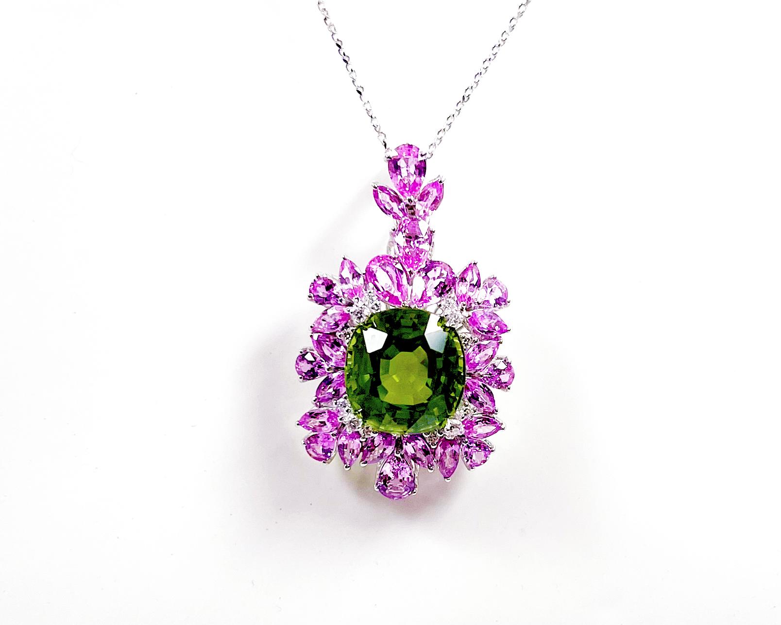 Peridot, Pink Sapphire and Diamond Pendant set in 18K White Gold Settings For Sale 4