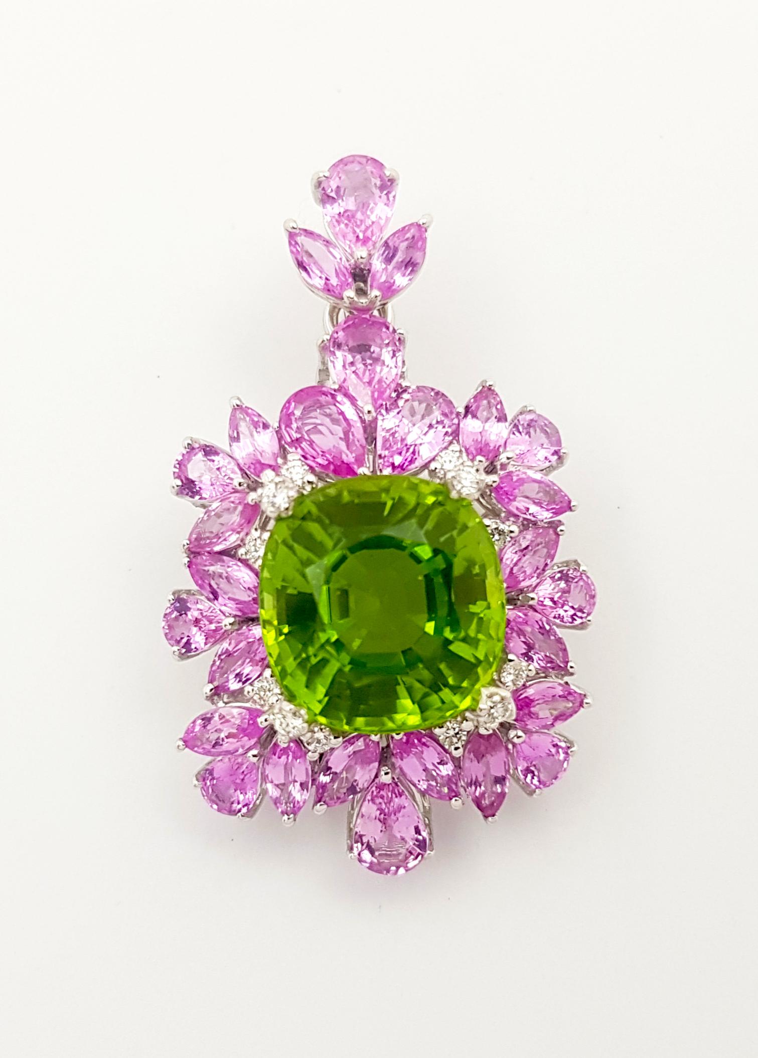 Peridot 9.70 carats, Pink Sapphire 5.83 carats and Diamond 0.15 carat Pendant set in 18K White Gold Settings
(chain not included)

Width: 2.2 cm 
Length: 3.3  cm
Total Weight: 8.92 grams

