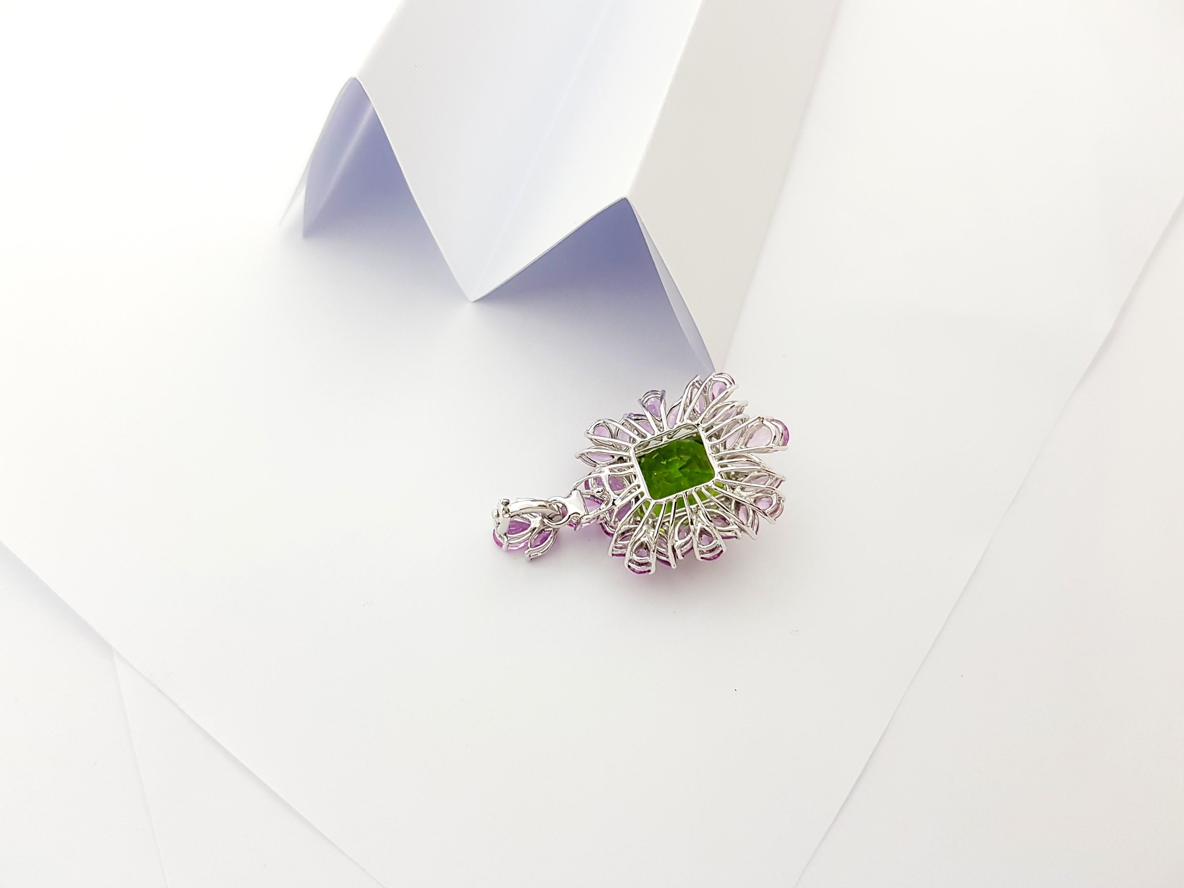 Mixed Cut Peridot, Pink Sapphire and Diamond Pendant set in 18K White Gold Settings For Sale