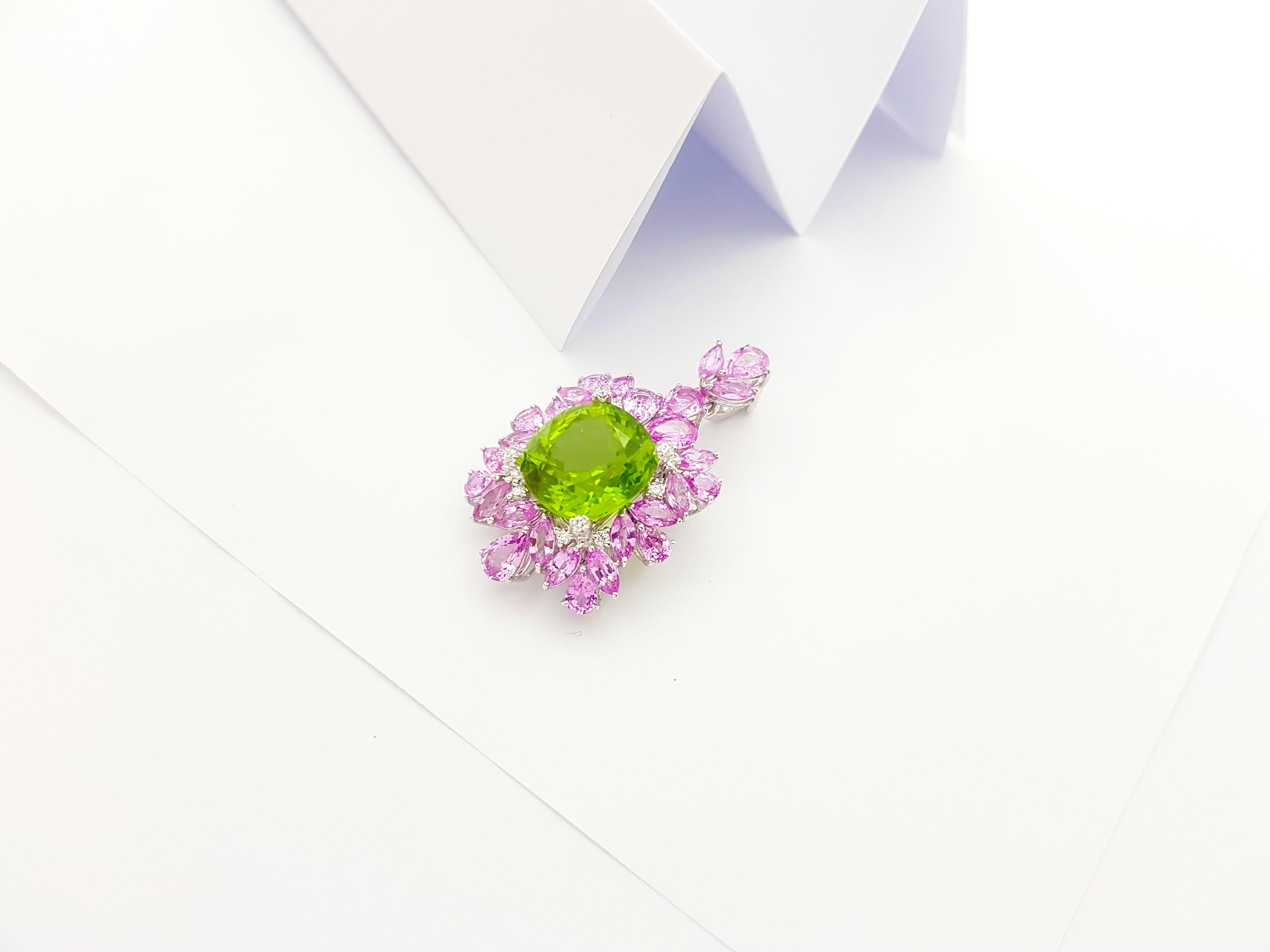 Women's Peridot, Pink Sapphire and Diamond Pendant set in 18K White Gold Settings For Sale