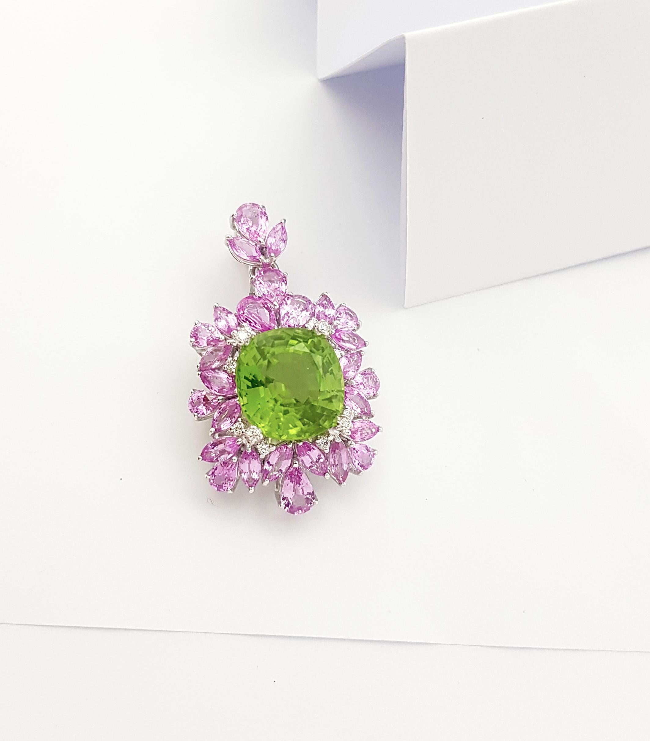 Peridot, Pink Sapphire and Diamond Pendant set in 18K White Gold Settings For Sale 1