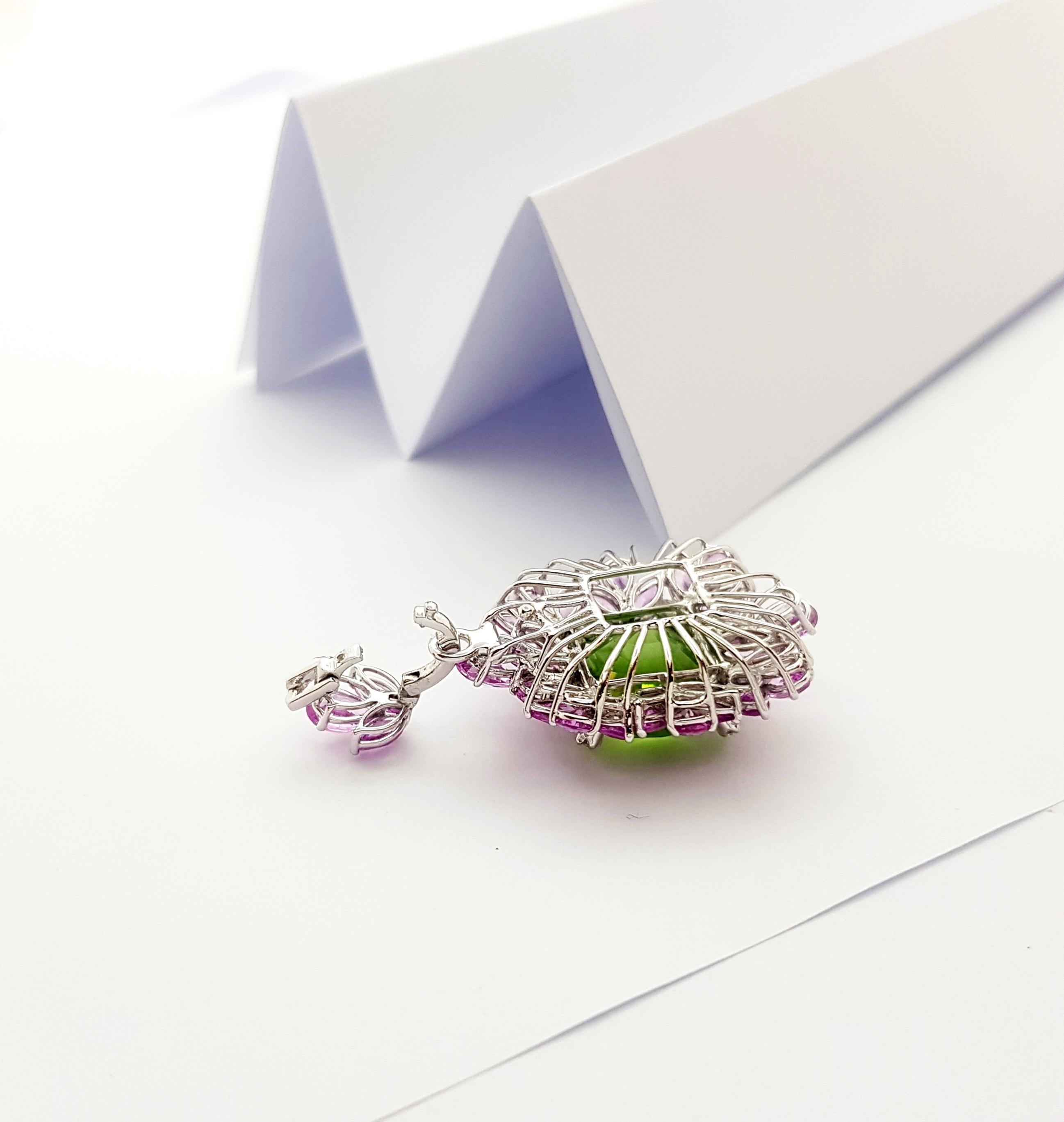Peridot, Pink Sapphire and Diamond Pendant set in 18K White Gold Settings For Sale 2