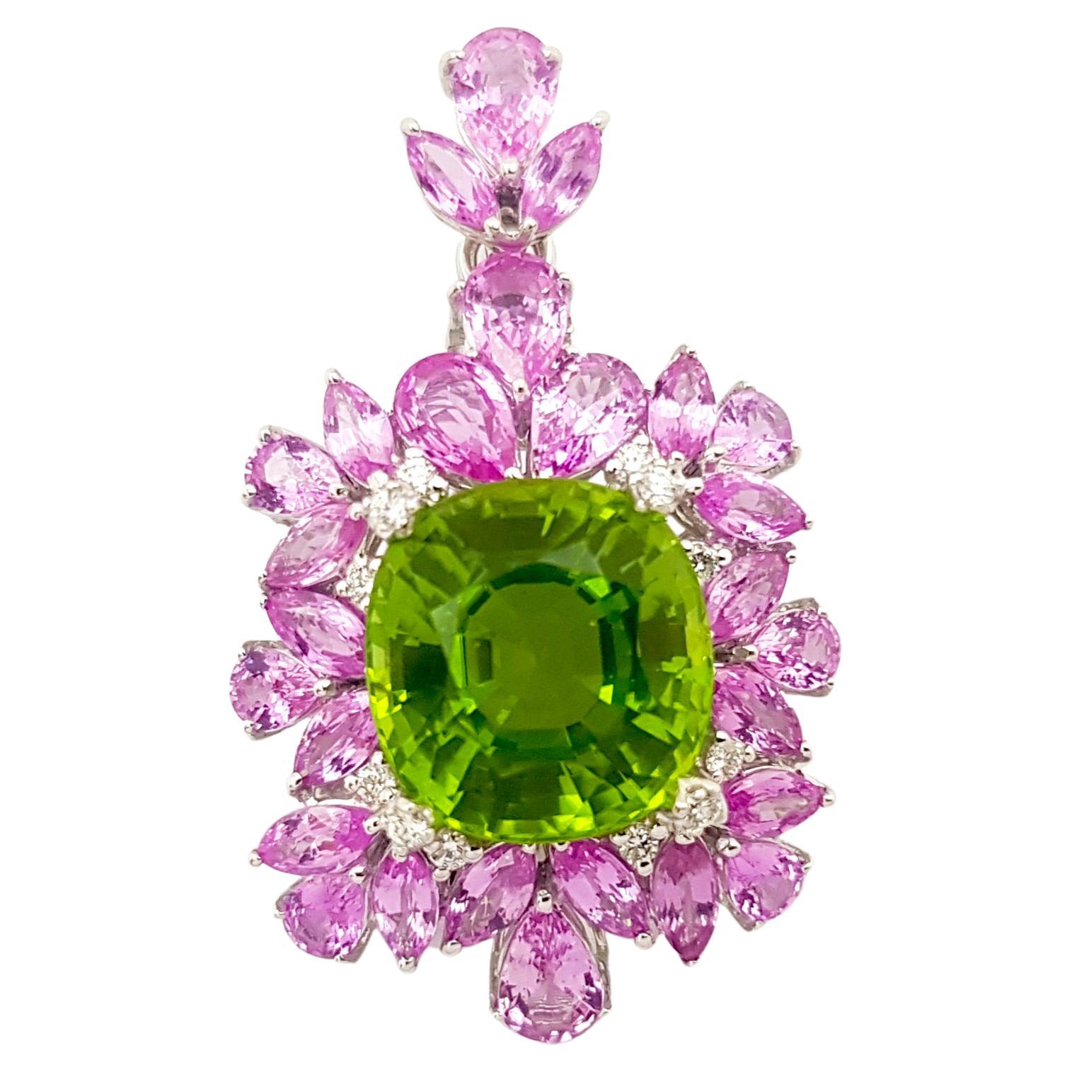 Peridot, Pink Sapphire and Diamond Pendant set in 18K White Gold Settings For Sale