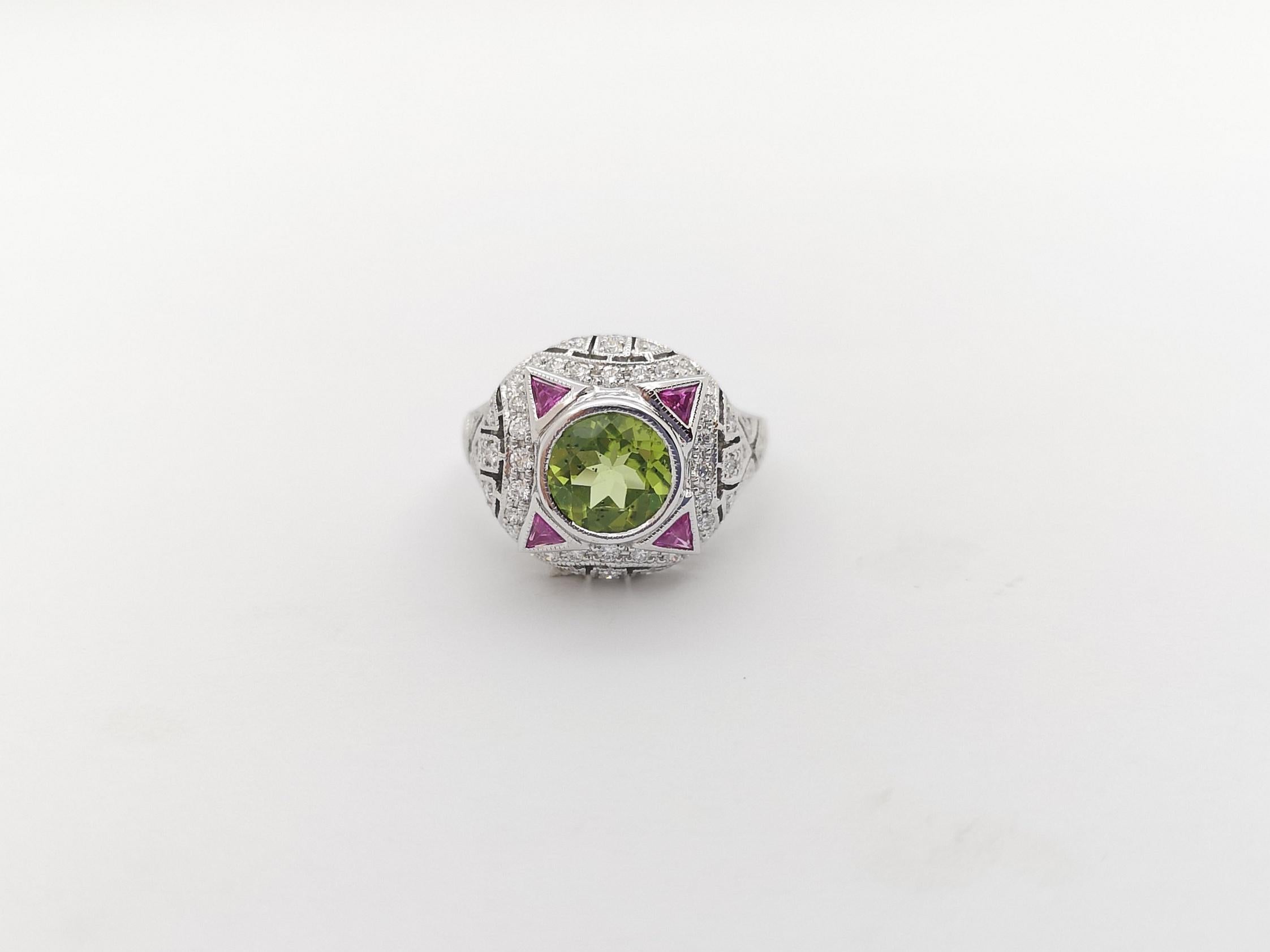 Peridot, Pink Sapphire and Diamond Ring set in 18K White Gold Settings For Sale 2
