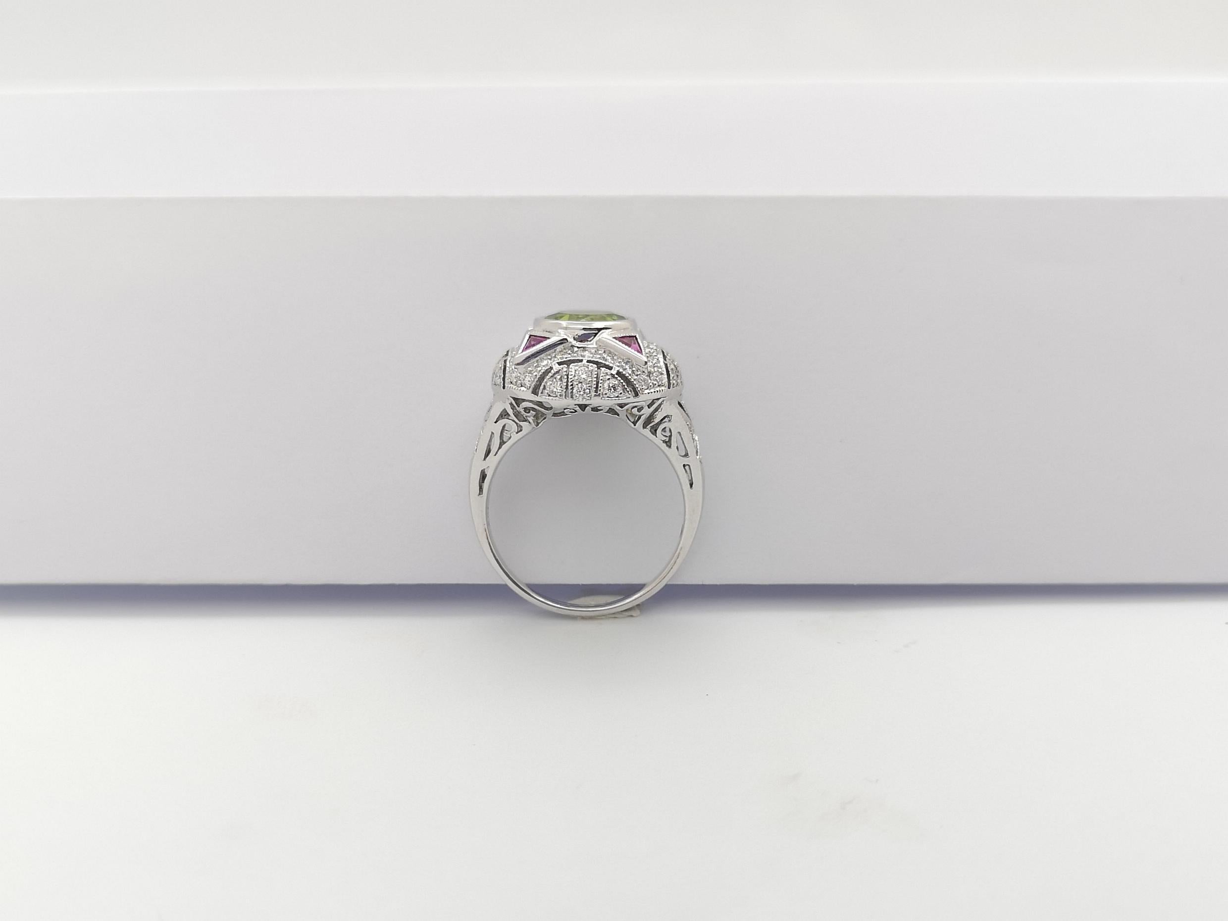 Peridot, Pink Sapphire and Diamond Ring set in 18K White Gold Settings For Sale 6