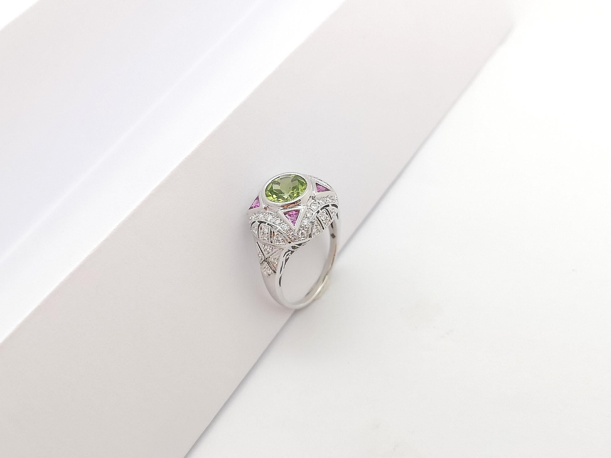 Peridot, Pink Sapphire and Diamond Ring set in 18K White Gold Settings For Sale 7