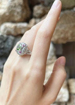 Peridot, Pink Sapphire and Diamond Ring set in 18K White Gold Settings