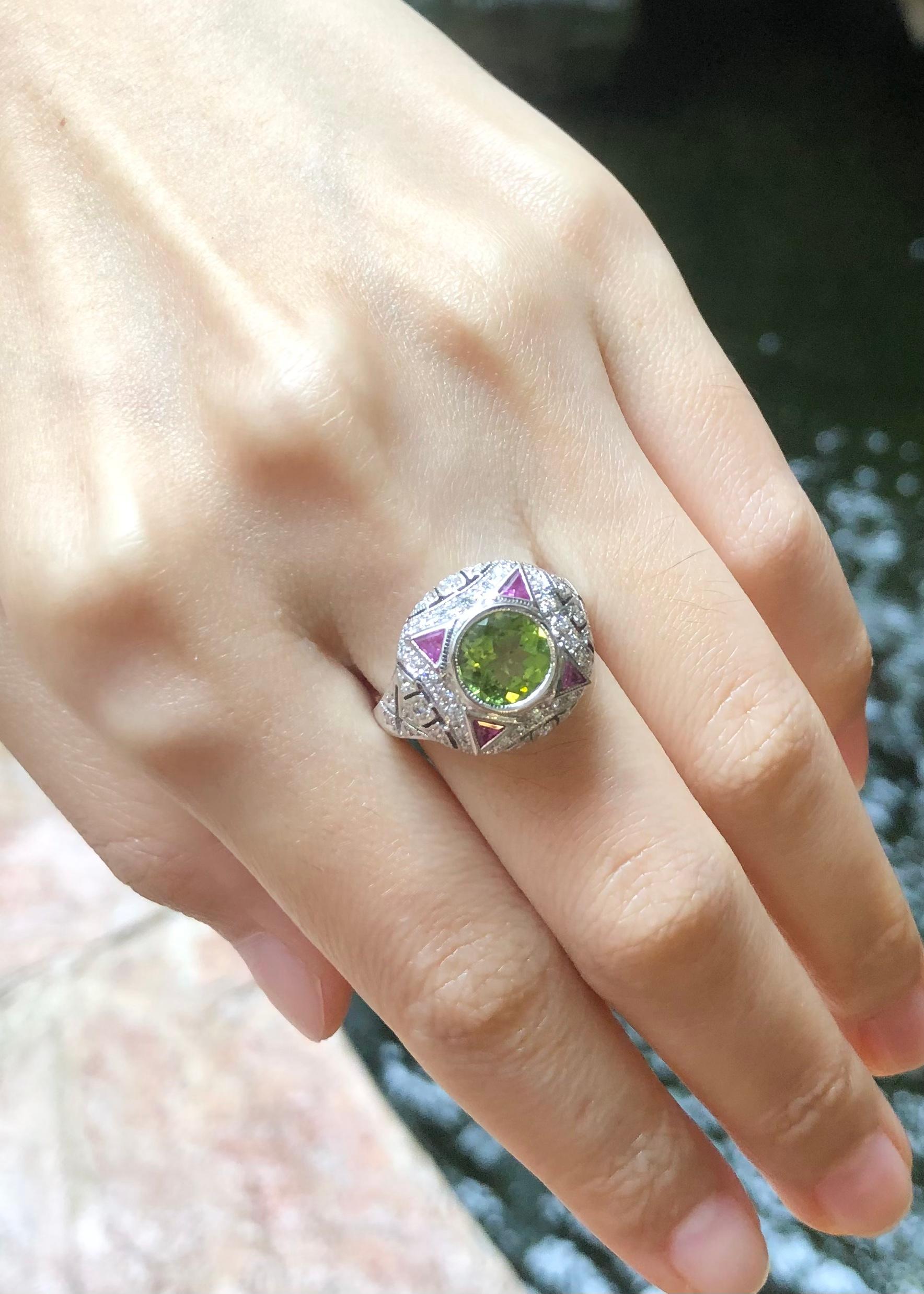 Mixed Cut Peridot, Pink Sapphire and Diamond Ring set in 18K White Gold Settings For Sale