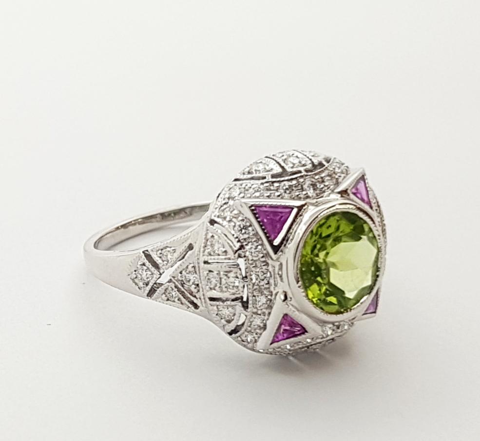 Women's Peridot, Pink Sapphire and Diamond Ring set in 18K White Gold Settings For Sale