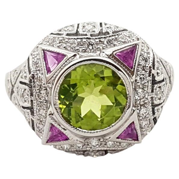 Peridot, Pink Sapphire and Diamond Ring set in 18K White Gold Settings For Sale