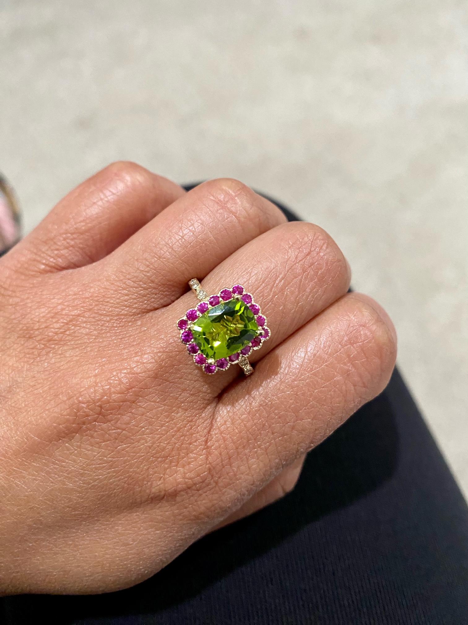 Cushion Cut Peridot Pink Sapphire and Diamond Yellow Gold Cocktail Ring For Sale