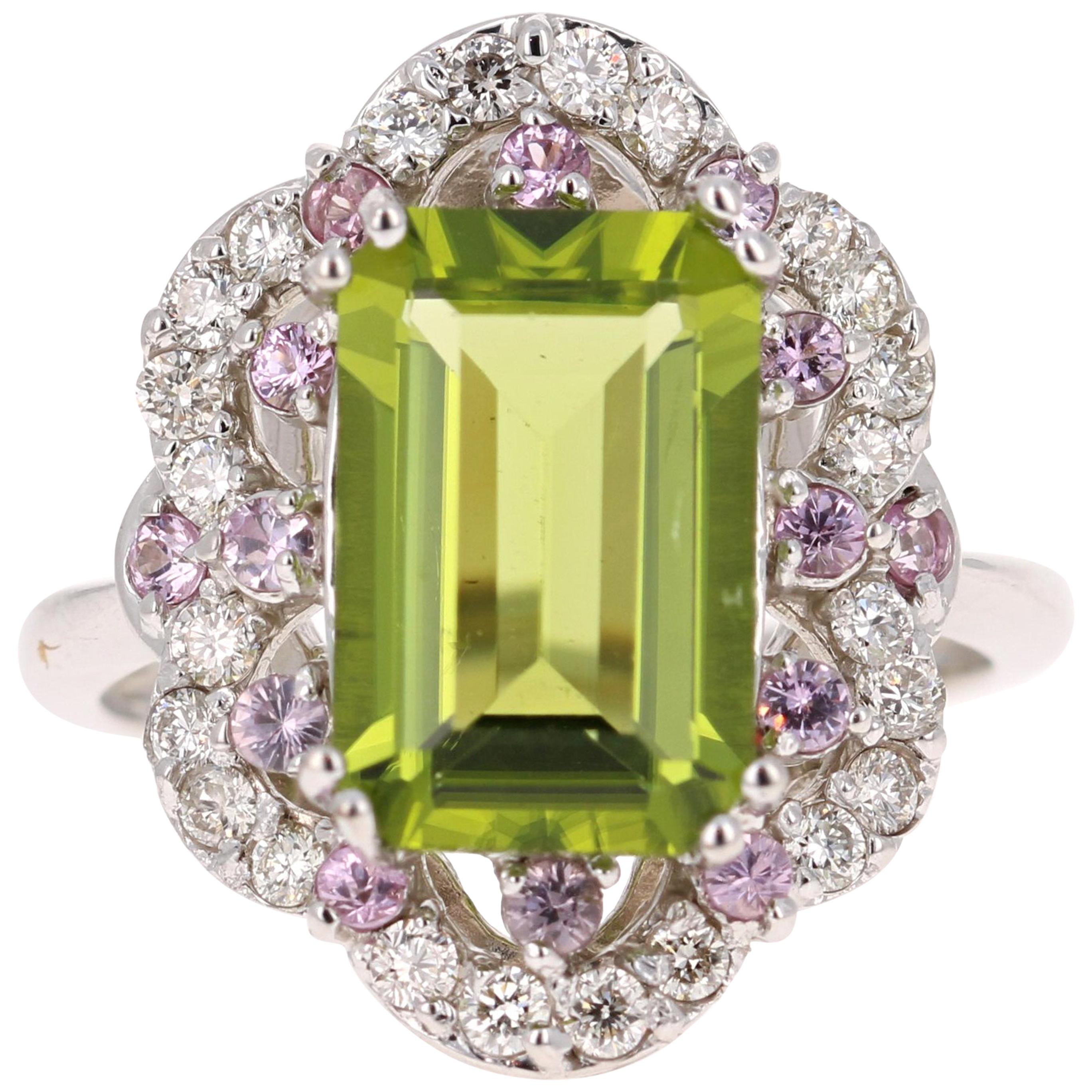 Bague cocktail en or jaune 14 carats avec péridot, saphir rose et diamant de 4,86 carats