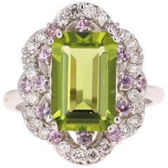 4.86 Carats Peridot Pink Sapphire Diamond 14 Karat Yellow Gold Cocktail Ring