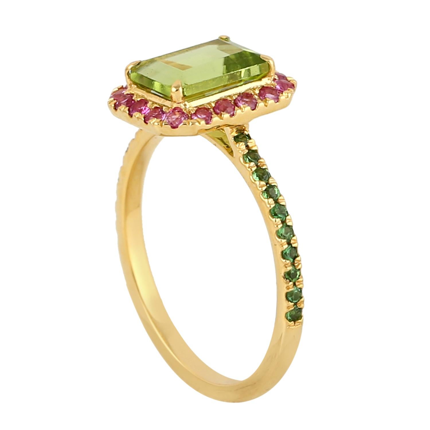 This ring has been meticulously crafted from 14-karat gold.  It is hand set with 1.89 carats peridot,.38 carats sapphire & .22 carats tsavorite. 

The ring is a size 7 and may be resized to larger or smaller upon request. 
FOLLOW  MEGHNA JEWELS