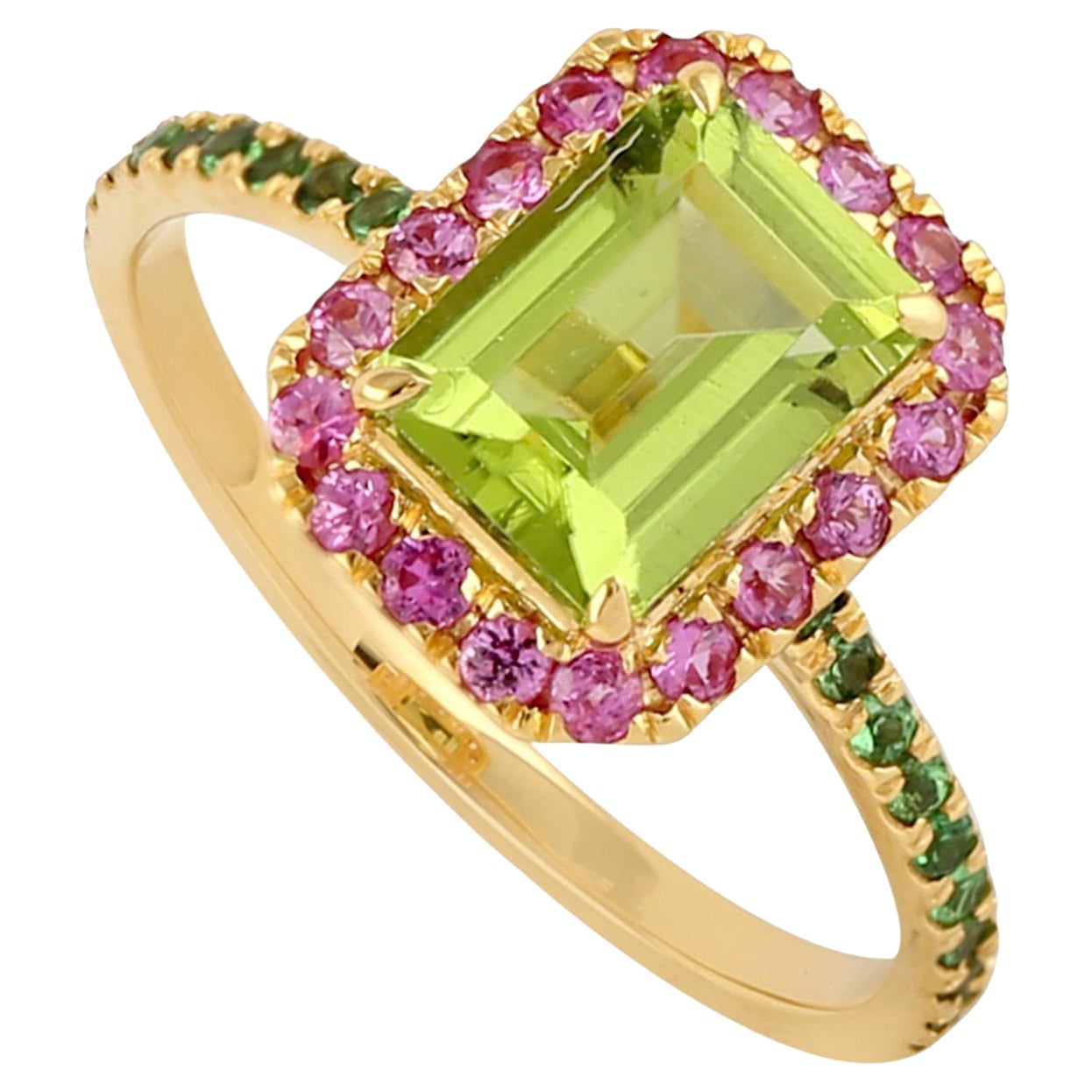 Bague en or 14 carats péridot saphir rose tsavorite en vente
