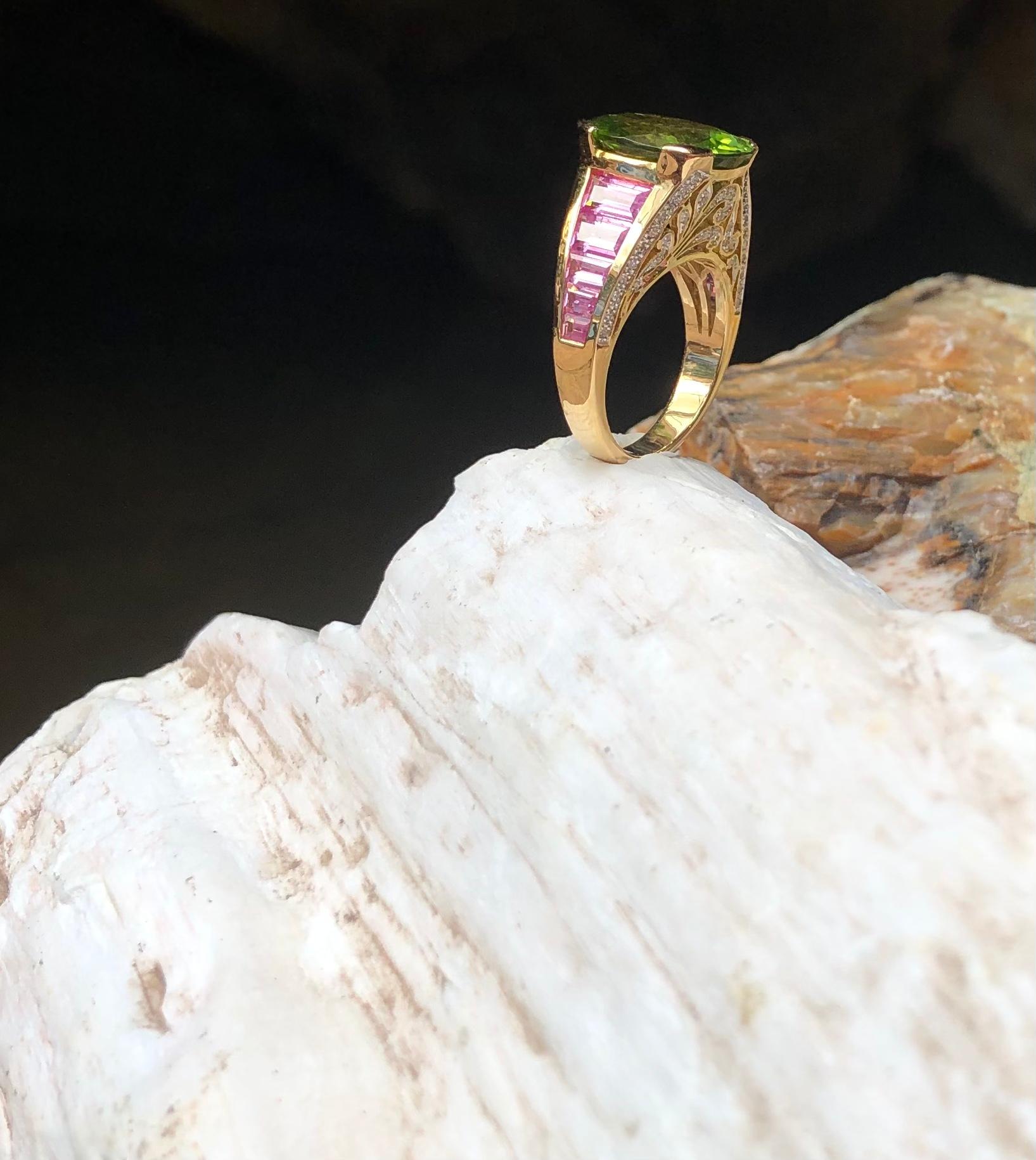 Peridot, Pink Sapphire with Diamond Ring Set in 18 Karat Gold Settings For Sale 6