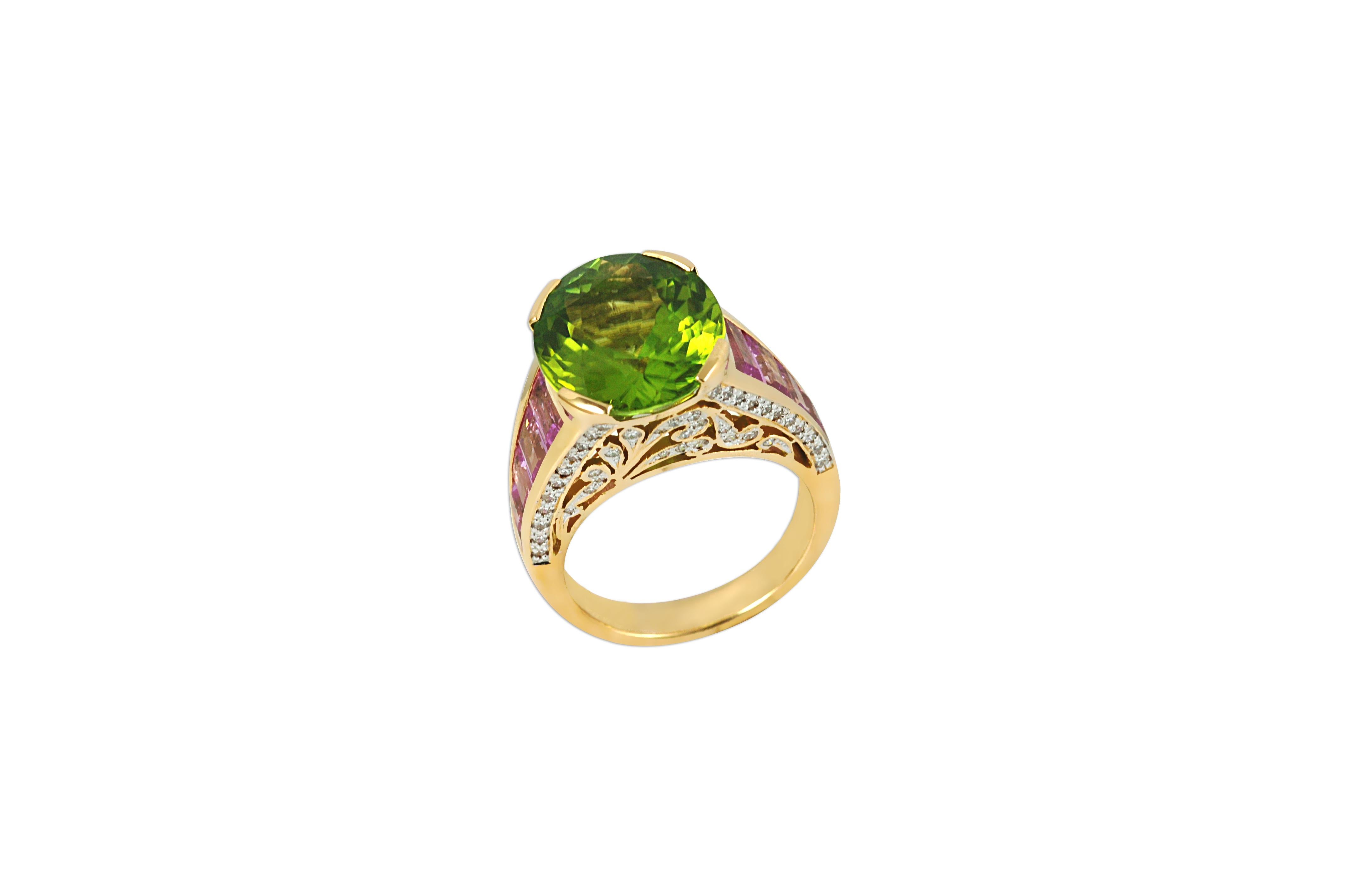 Peridot 7.77 carats, Pink Sapphire 3.27 carats with Diamond 0.35 carat Ring set in 18 Karat Gold Settings

Width: 2 cm
Length: 1.4 cm 
Ring Size:  50
Weight: 8.99 grams

