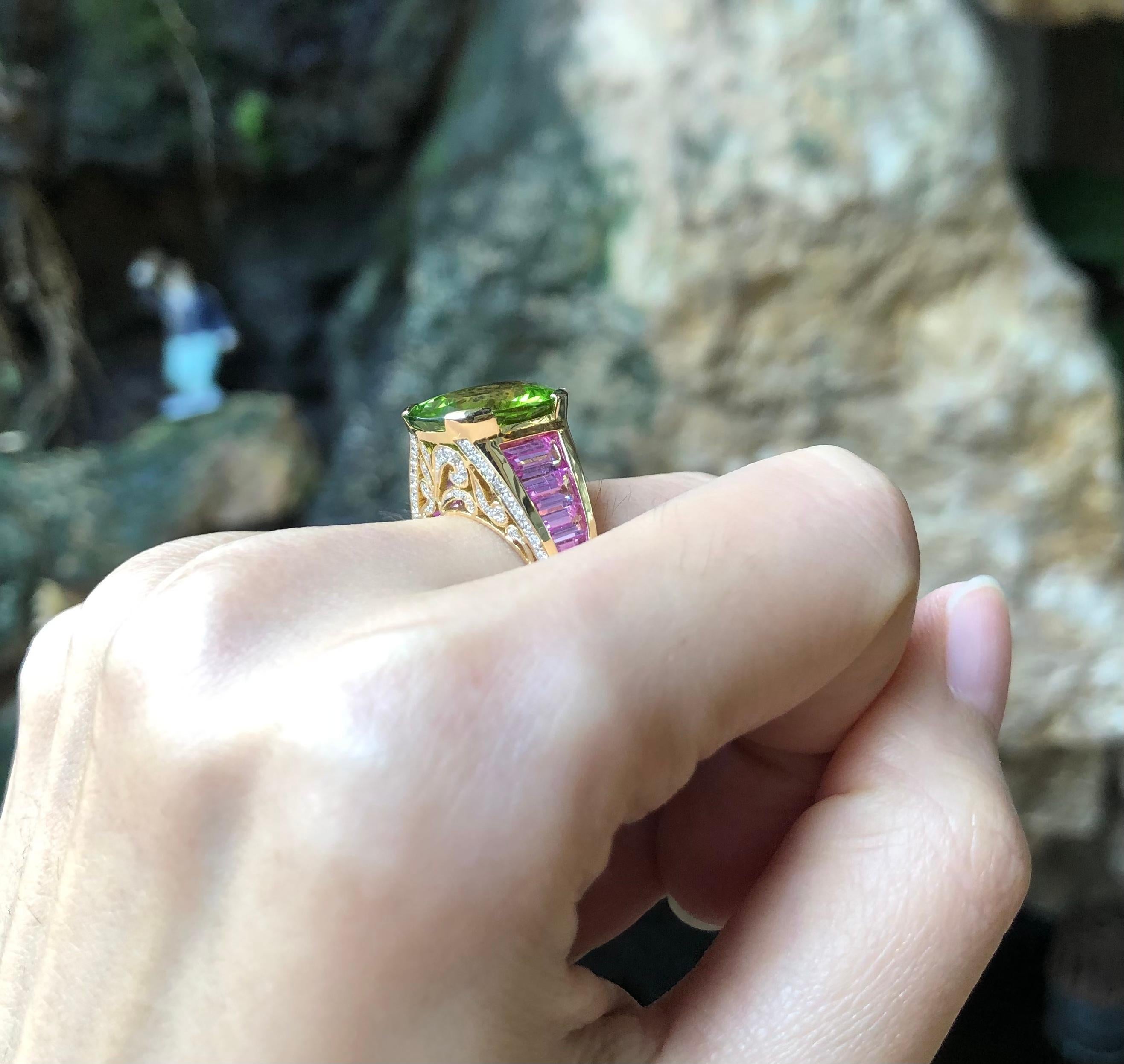 Oval Cut Peridot, Pink Sapphire with Diamond Ring Set in 18 Karat Gold Settings For Sale