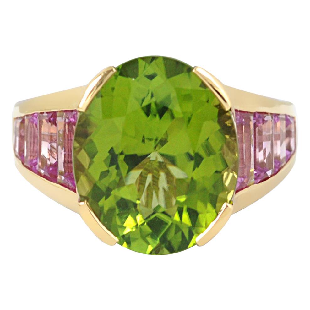 Peridot, Pink Sapphire with Diamond Ring Set in 18 Karat Gold Settings For Sale