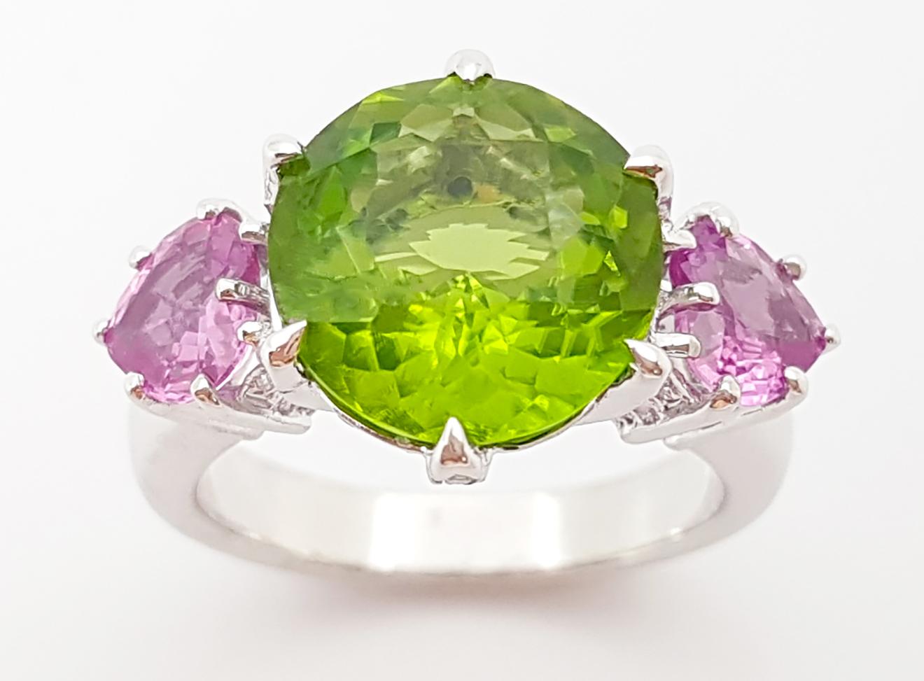 Peridot, rosa Saphir mit Diamantring aus 18 Karat Weißgold im Angebot 9