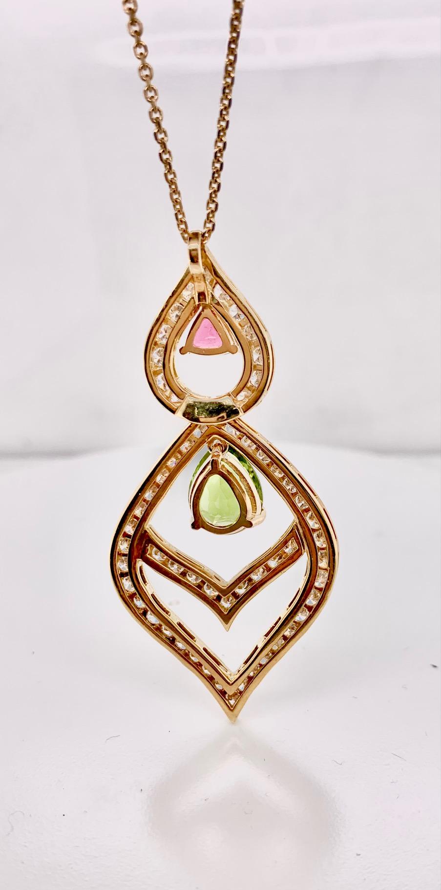 Modern Peridot, Pink Tourmaline and Diamond Lantern Style Necklace For Sale