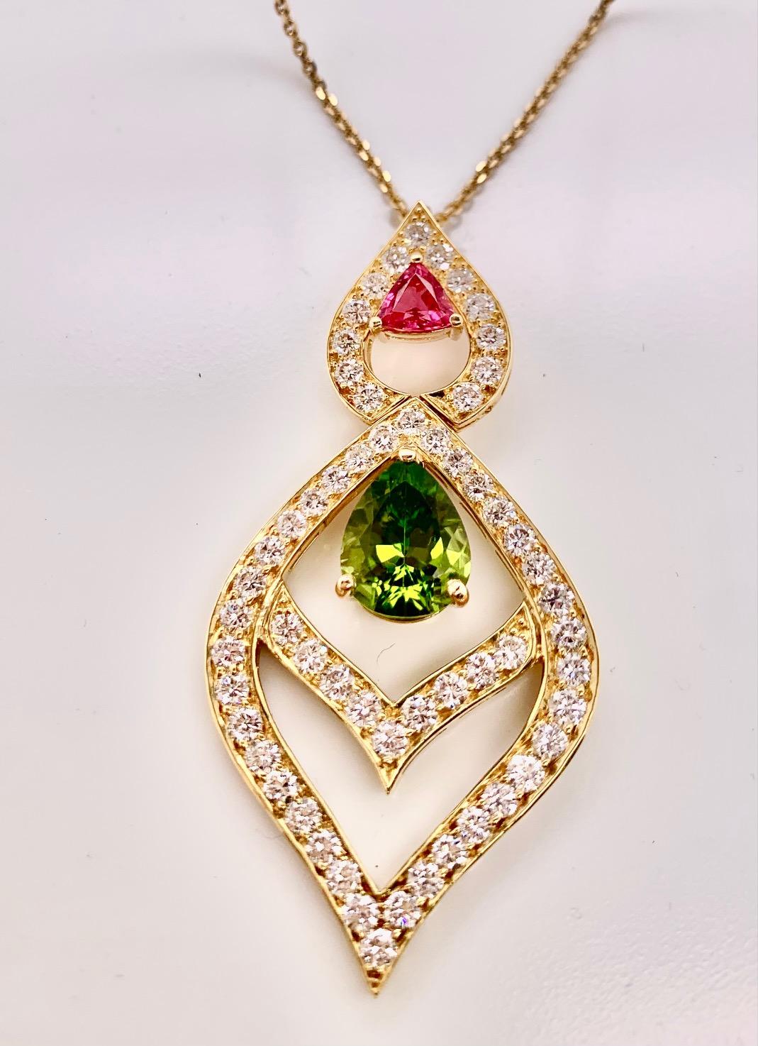 Pear Cut Peridot, Pink Tourmaline and Diamond Lantern Style Necklace For Sale