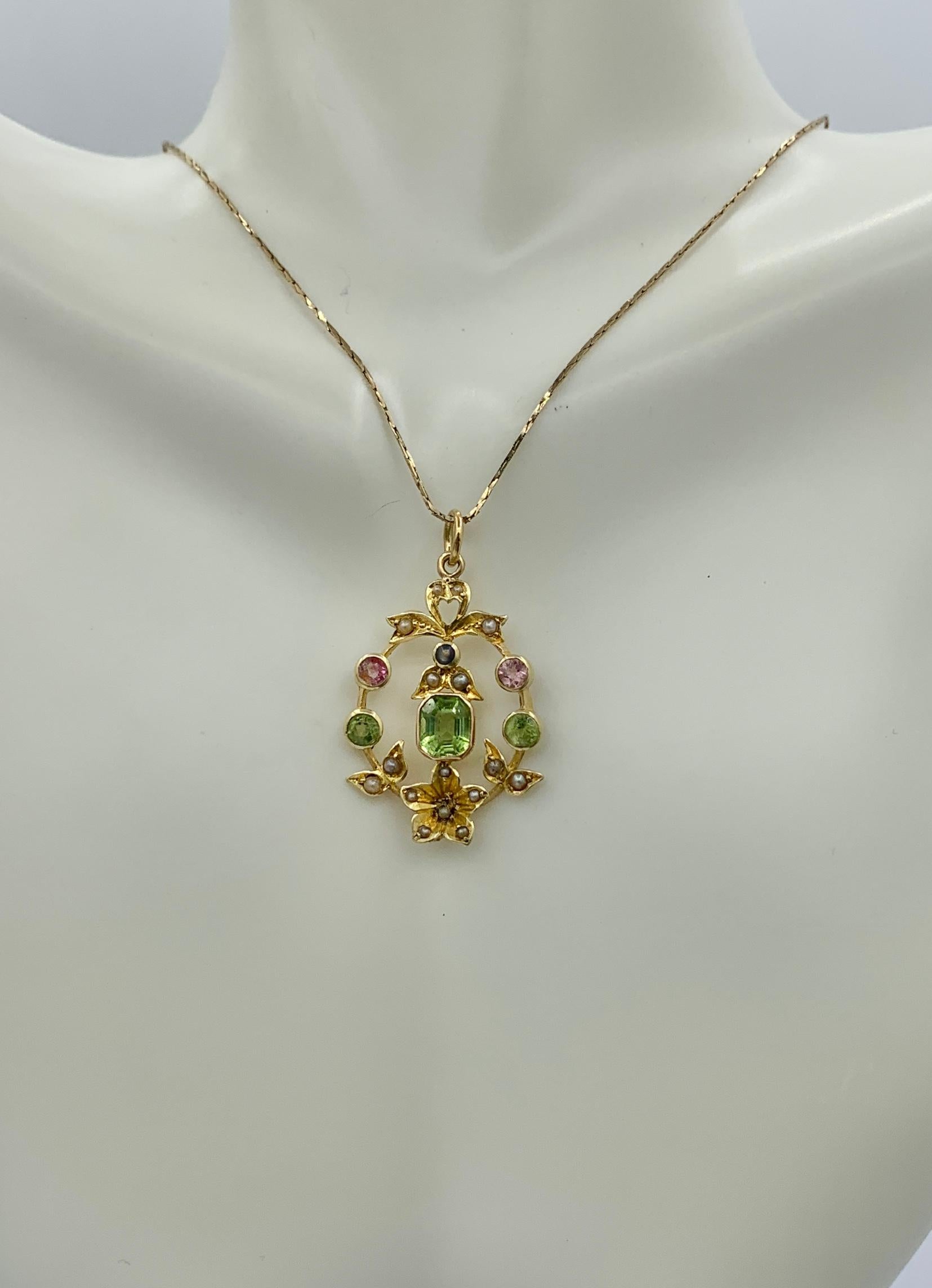 Peridot Pink Tourmaline Heart Lavaliere Pendant Necklace Suffragette Art Deco In Excellent Condition In New York, NY
