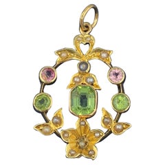 Peridot Pink Tourmaline Heart Lavaliere Pendant Necklace Suffragette Art Deco