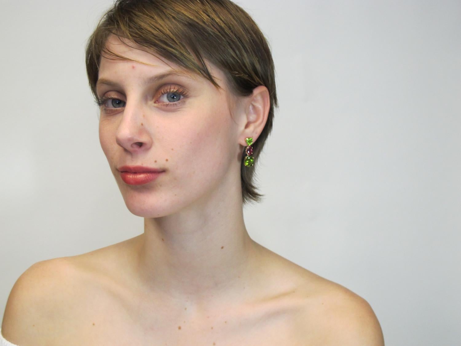 Artisan Peridot Pink Tourmaline yellow gold Earrings