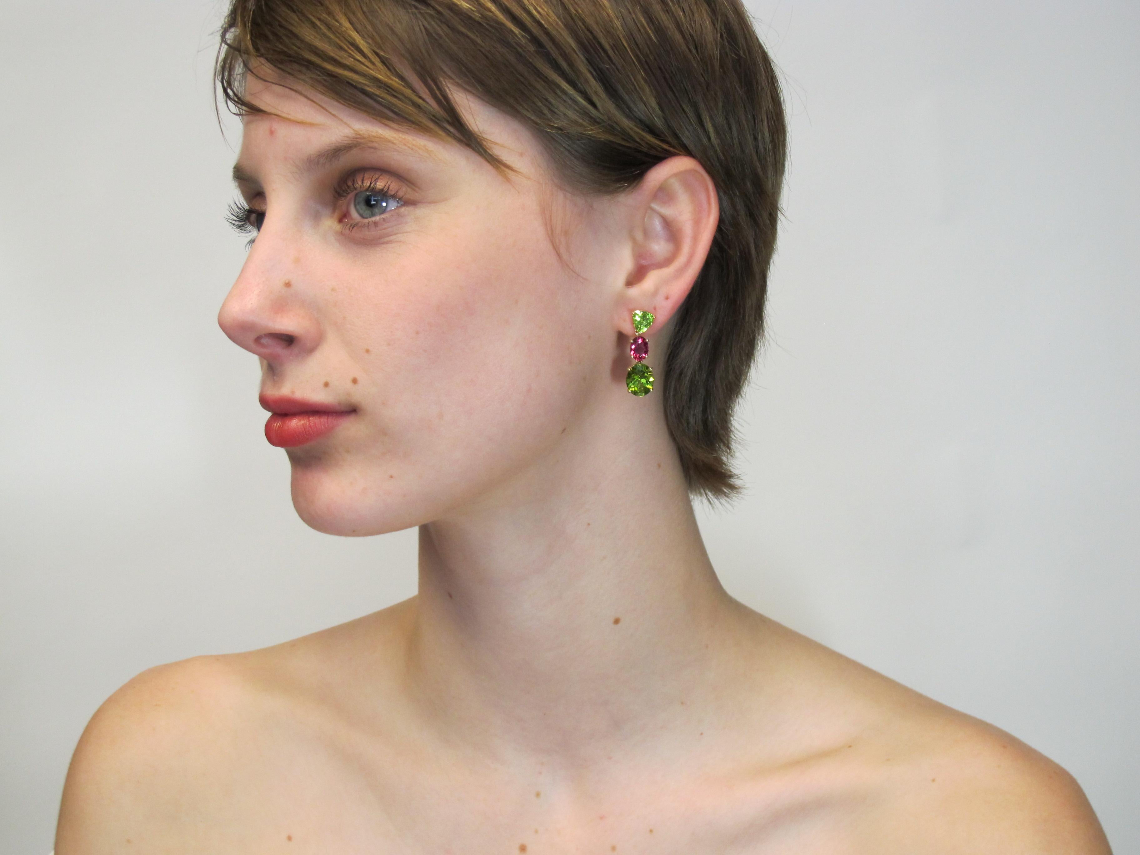 Women's Peridot Pink Tourmaline yellow gold Earrings