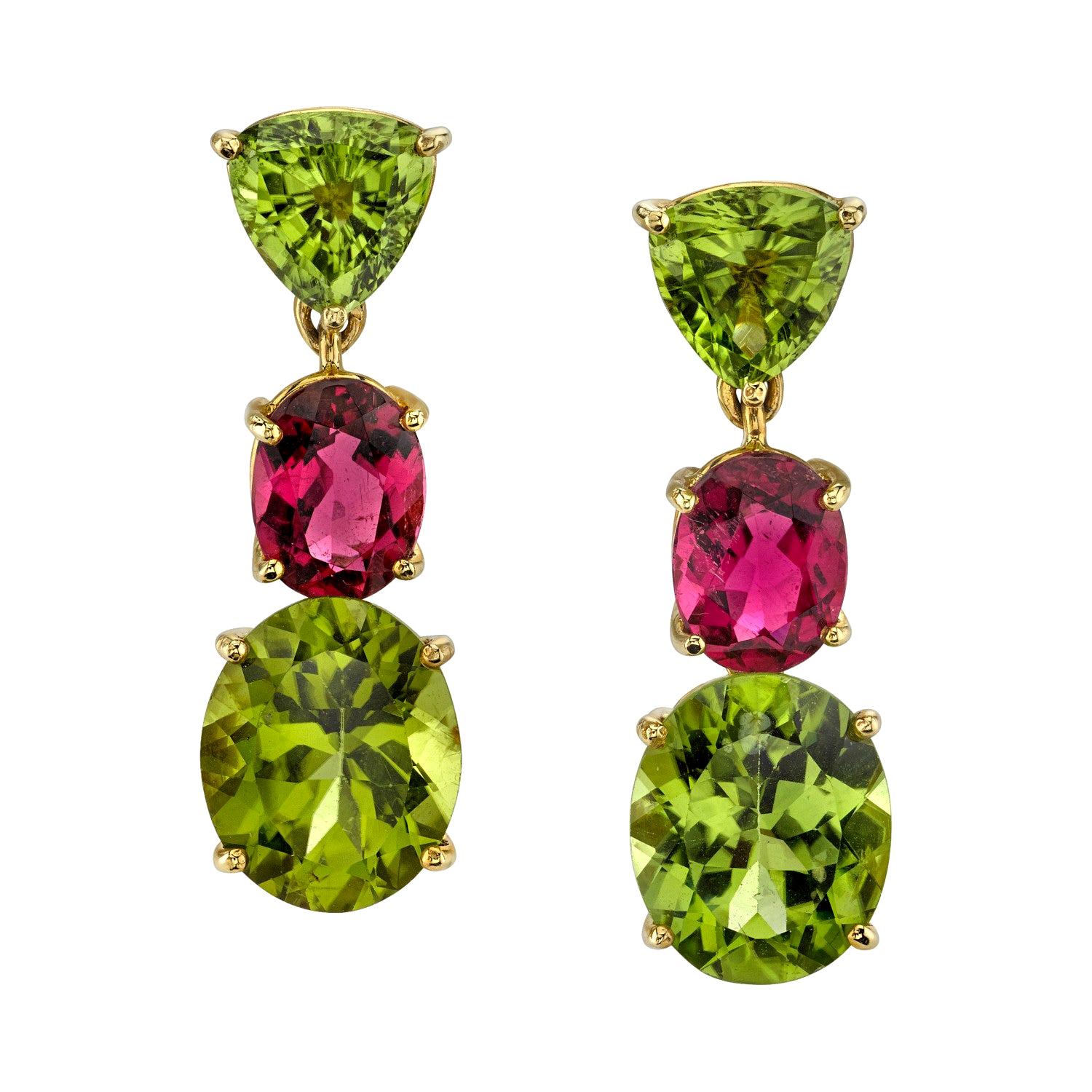 Peridot & Pink Rubellite Tourmaline 3-Stone 18k Yellow Gold Dangle Drop Earrings