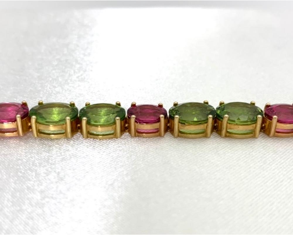 Peridot & Pink Tourmaline, Yellow & Rose Gold Tennis Bracelet, 42 Carats Total 4