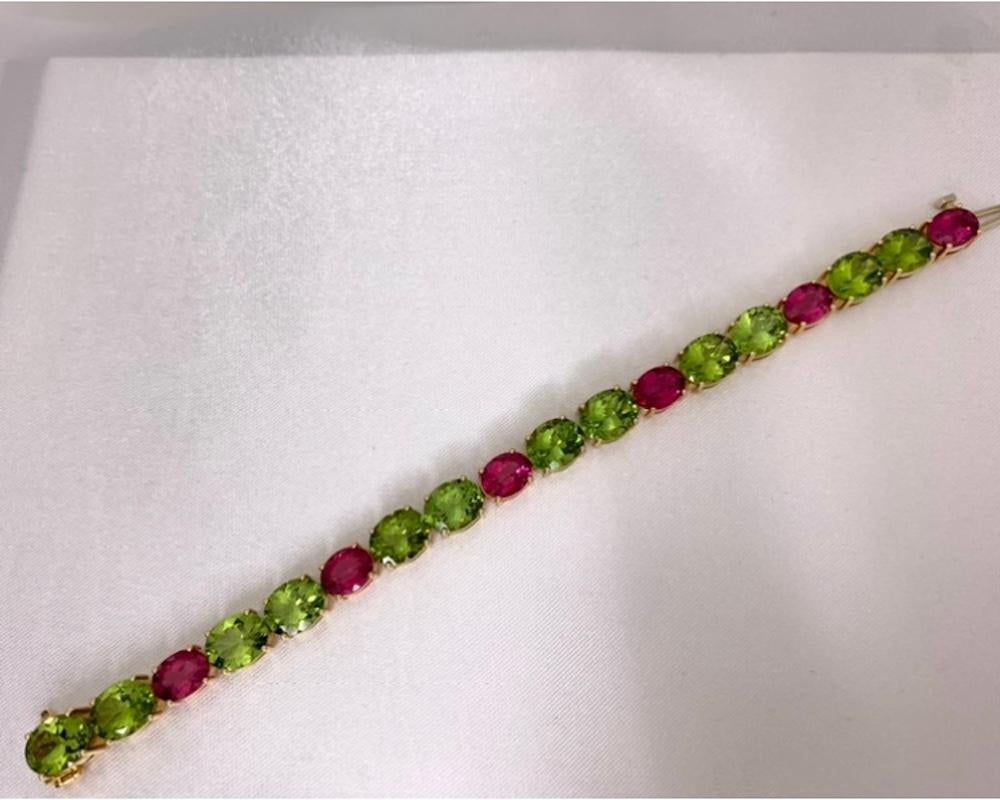 Peridot & Pink Tourmaline, Yellow & Rose Gold Tennis Bracelet, 42 Carats Total 1