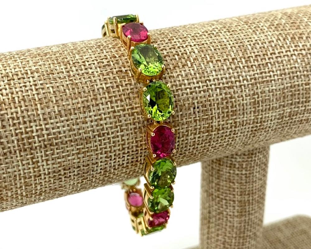 Peridot & Pink Tourmaline, Yellow & Rose Gold Tennis Bracelet, 42 Carats Total In New Condition In Los Angeles, CA