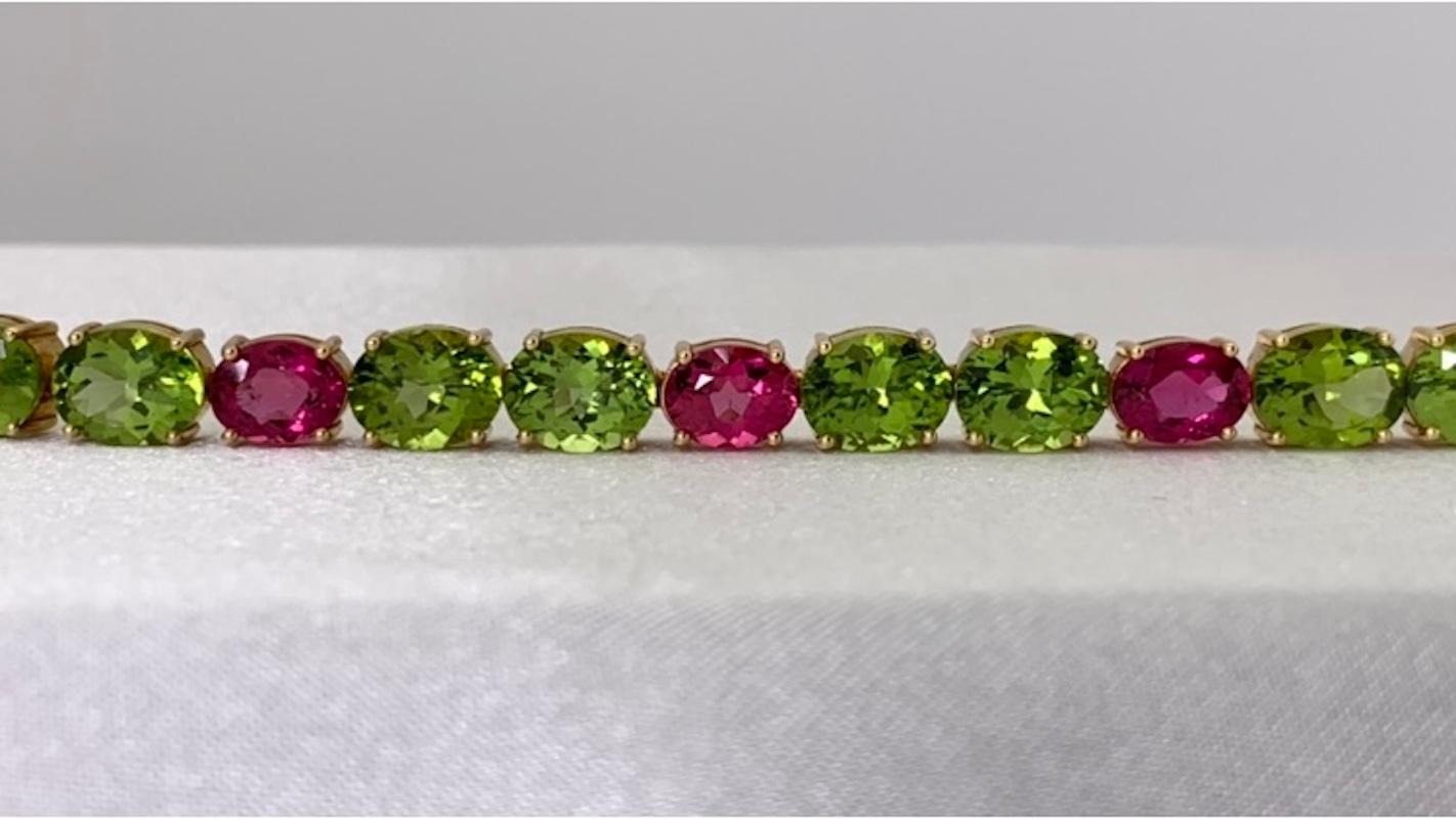 Artisan Peridot & Pink Tourmaline, Yellow & Rose Gold Tennis Bracelet, 42 Carats Total