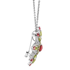 Peridot Red Tourmaline Diamond 14 Karat White Gold Brooch Pendant Necklace