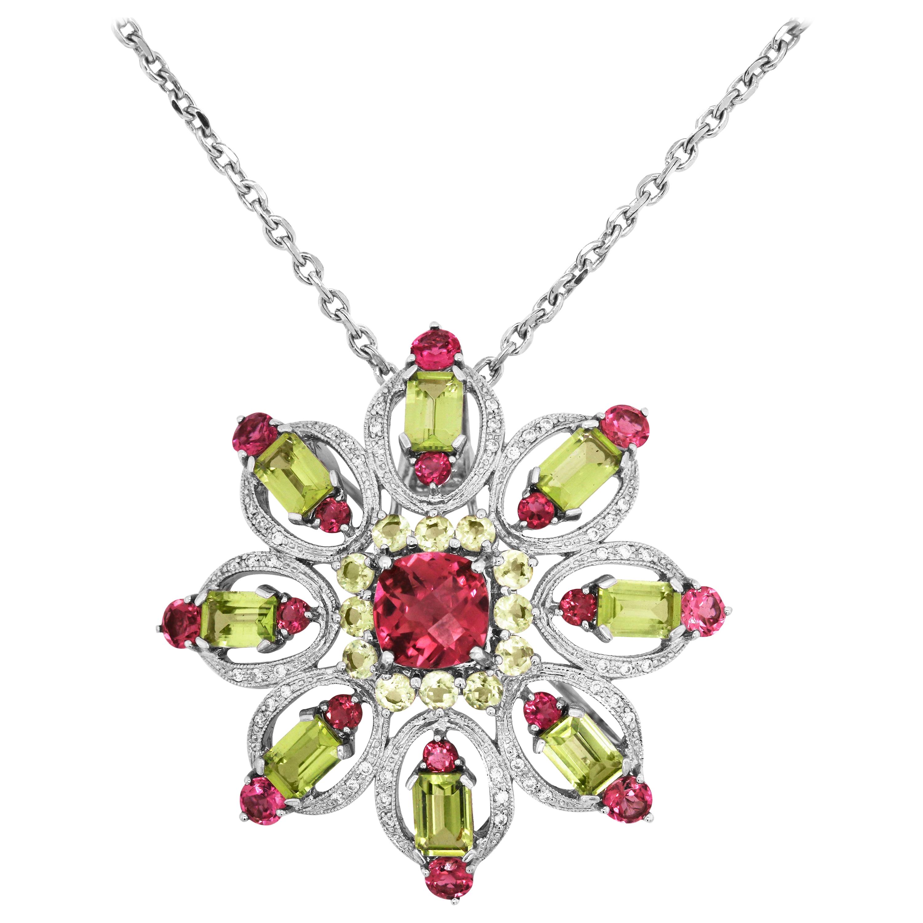 Peridot Red Tourmaline Diamond 14 Karat White Gold Brooch Pendant Necklace