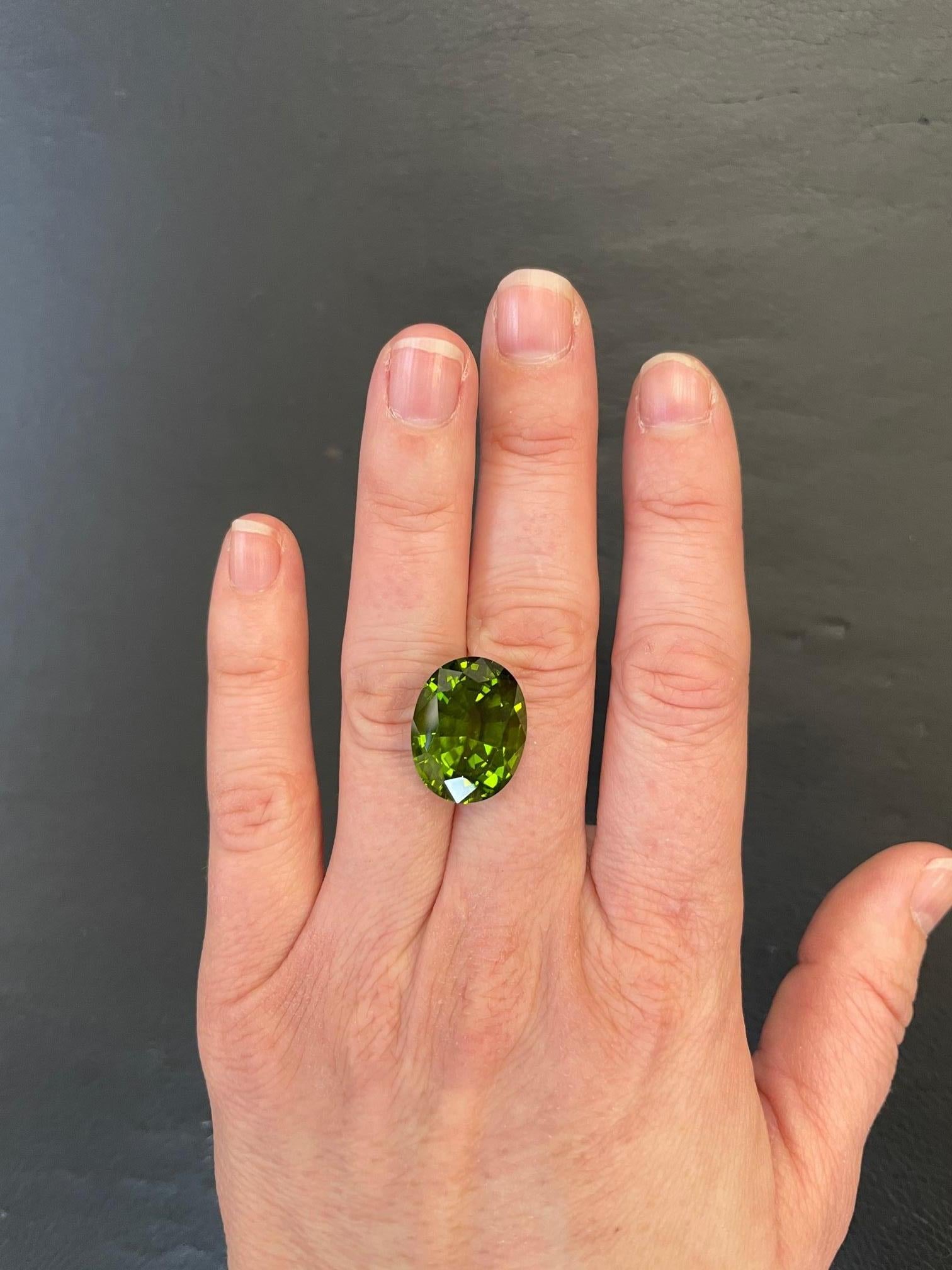 Exceptional 18.96 carat oval Peridot gem, offered loose to a fine gemstone collector.
Dimensions: 18.5 x 14.6 x 10.2 mm.
Returns are accepted and paid by us within 7 days of delivery.
We offer supreme custom jewelry work upon request. Please contact