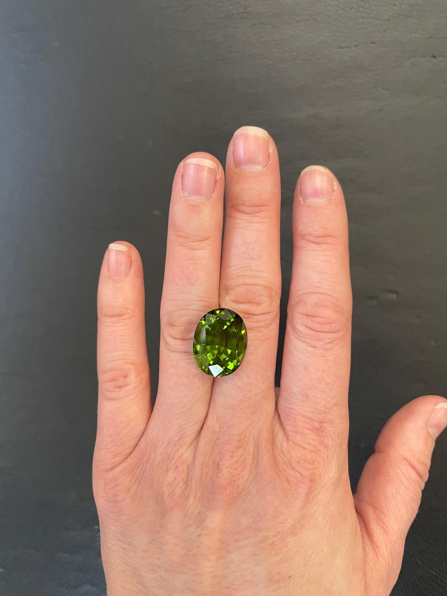 Exceptionnel péridot ovale de 18,96 carats : Design/One : un chef-d'œuvre de joaillerie de rêve par Merkaba Jewelry Beverly Hills.

Voici une pierre précieuse vraiment remarquable : un péridot ovale de 18,96 carats, offert en vrac et prêt à être