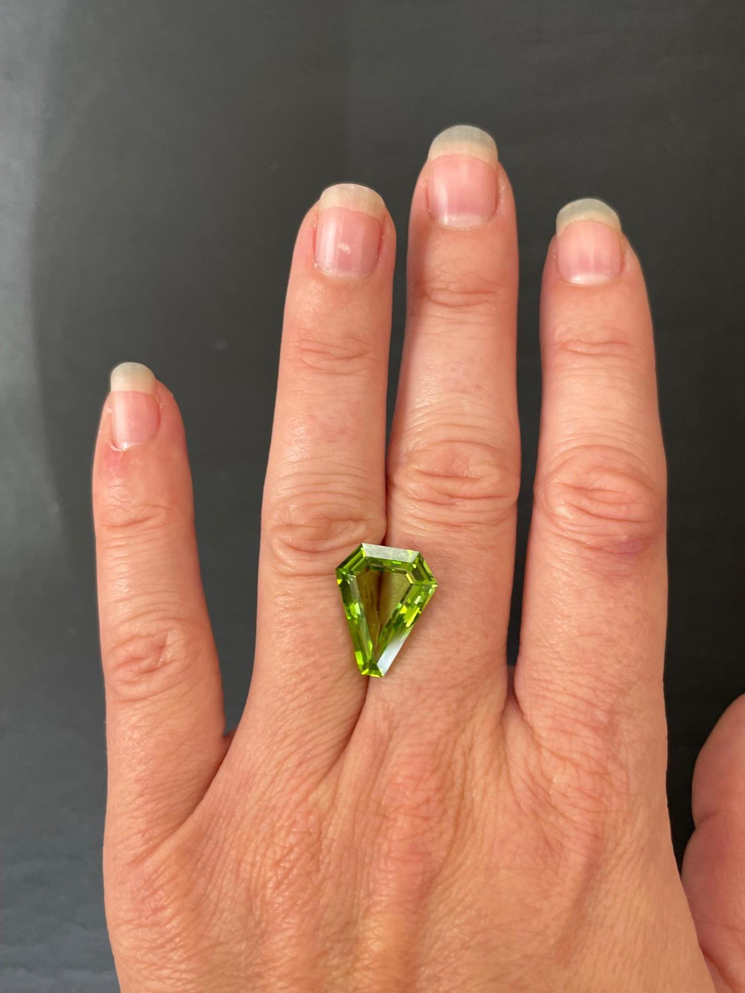 Special 8.54 carat Mint Peridot shield shaped gem, offered unmounted to a fine gemstone lover.
Dimensions: 16.70mm x 13.50mm x 5.40mm.
Returns are accepted and paid by us within 7 days of delivery.
We offer supreme custom jewelry work upon request.