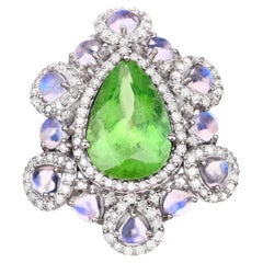 Retro Peridot Ring With Rainbow Moonstones and Diamonds 12.50 Carats