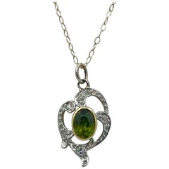 Antique Peridot Rose Cut Diamond Lavaliere Pendant Necklace 14 Karat Gold Edwardian