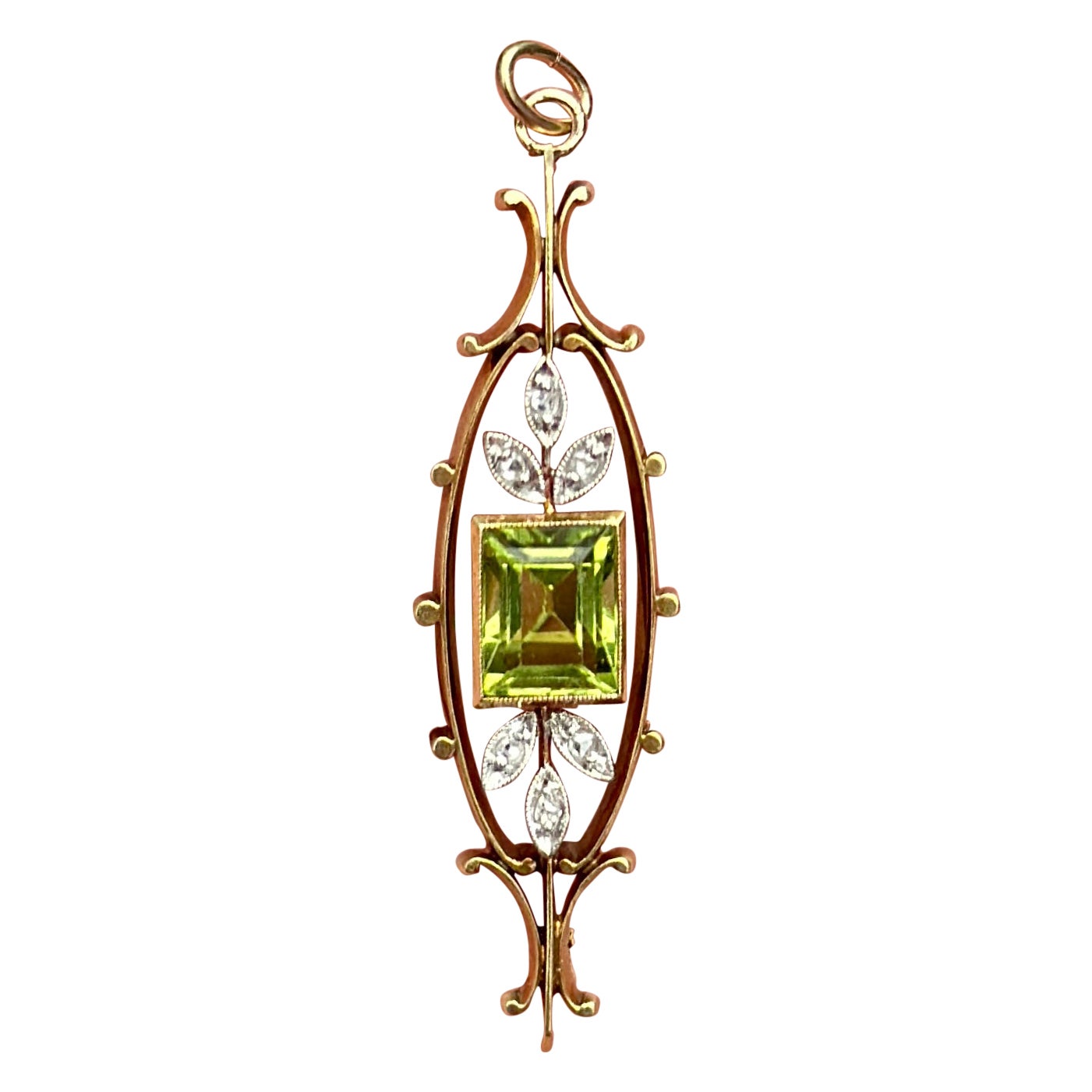 Peridoto Corte Rosa Diamante Platino Lavaliere Collar Colgante Antiguo Victoriano en venta