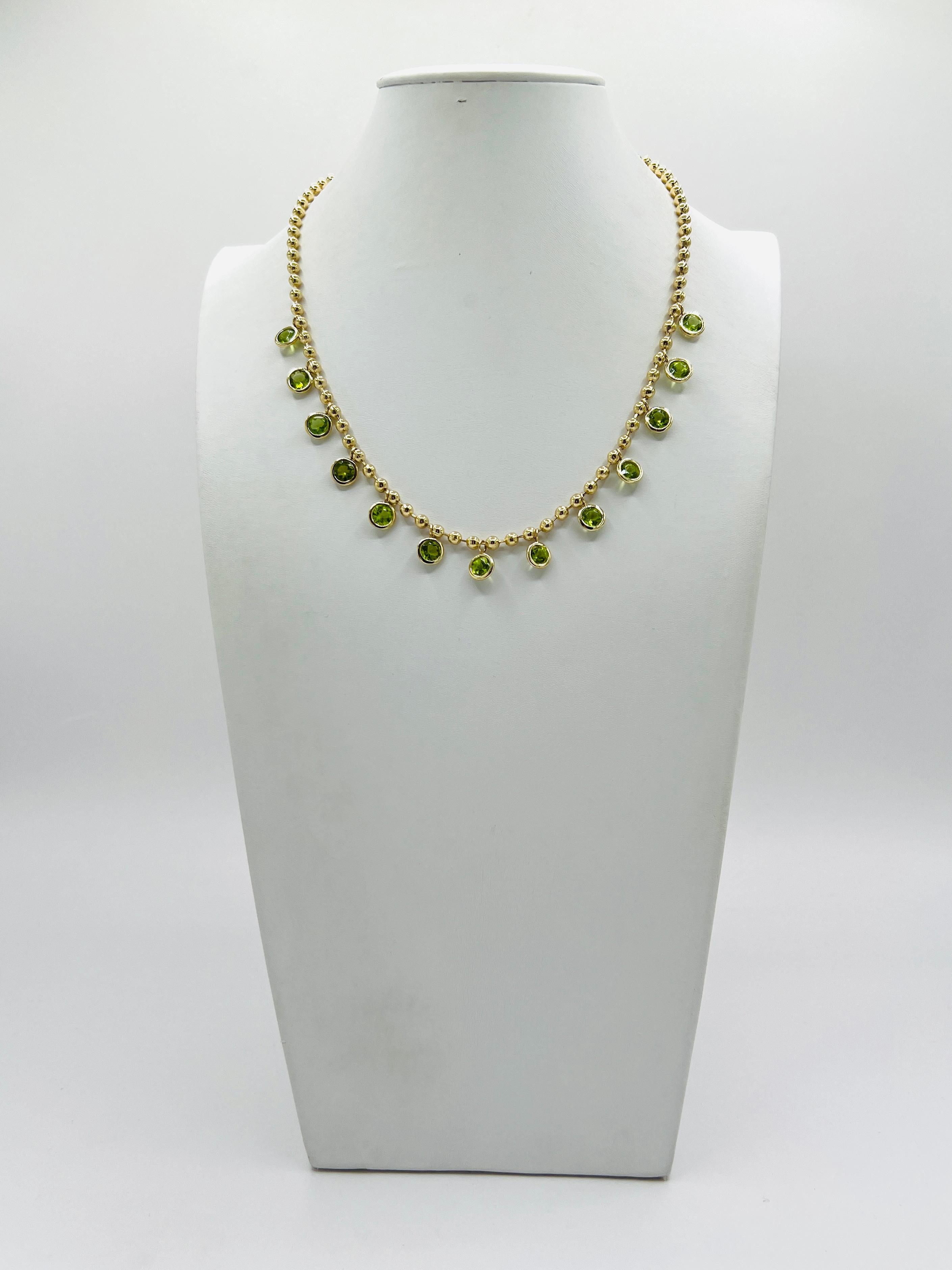 Women's or Men's Peridot Round Ball Chain Necklace in 18K Yellow Gold For Sale