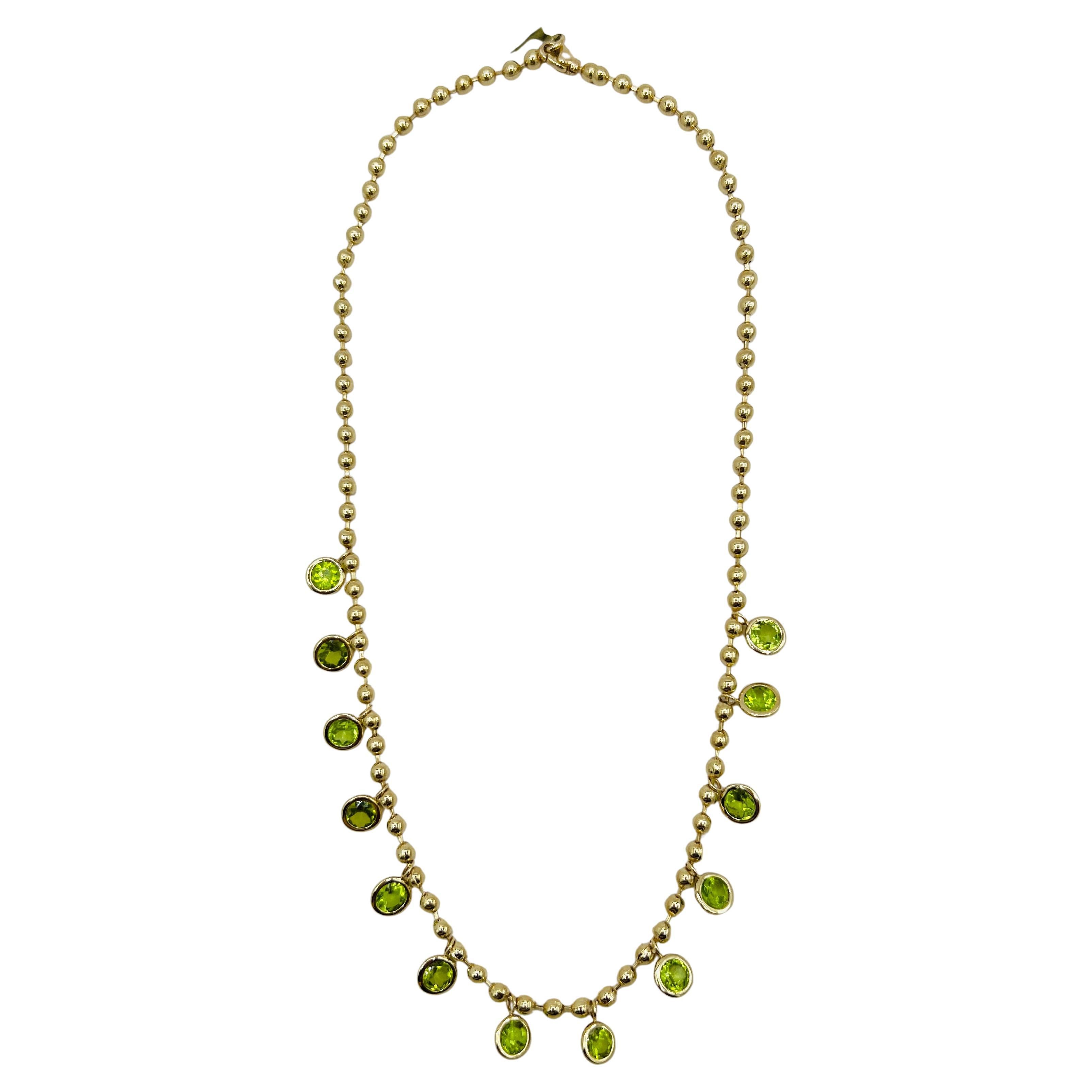 Peridot Round Ball Chain Necklace in 18K Yellow Gold For Sale
