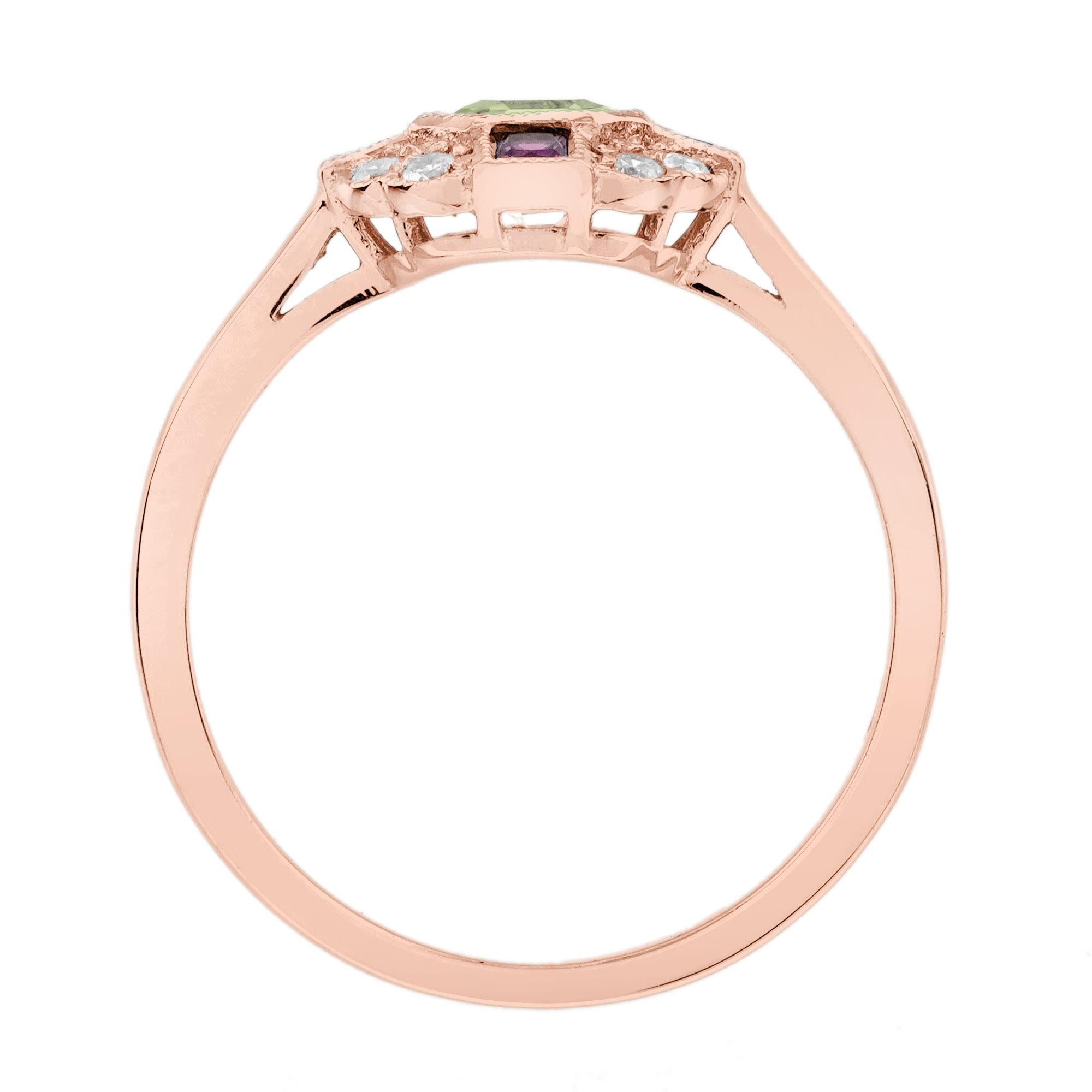 Peridot Ruby and Diamond Art Deco Style Ring in 14K Rose Gold en venta 4