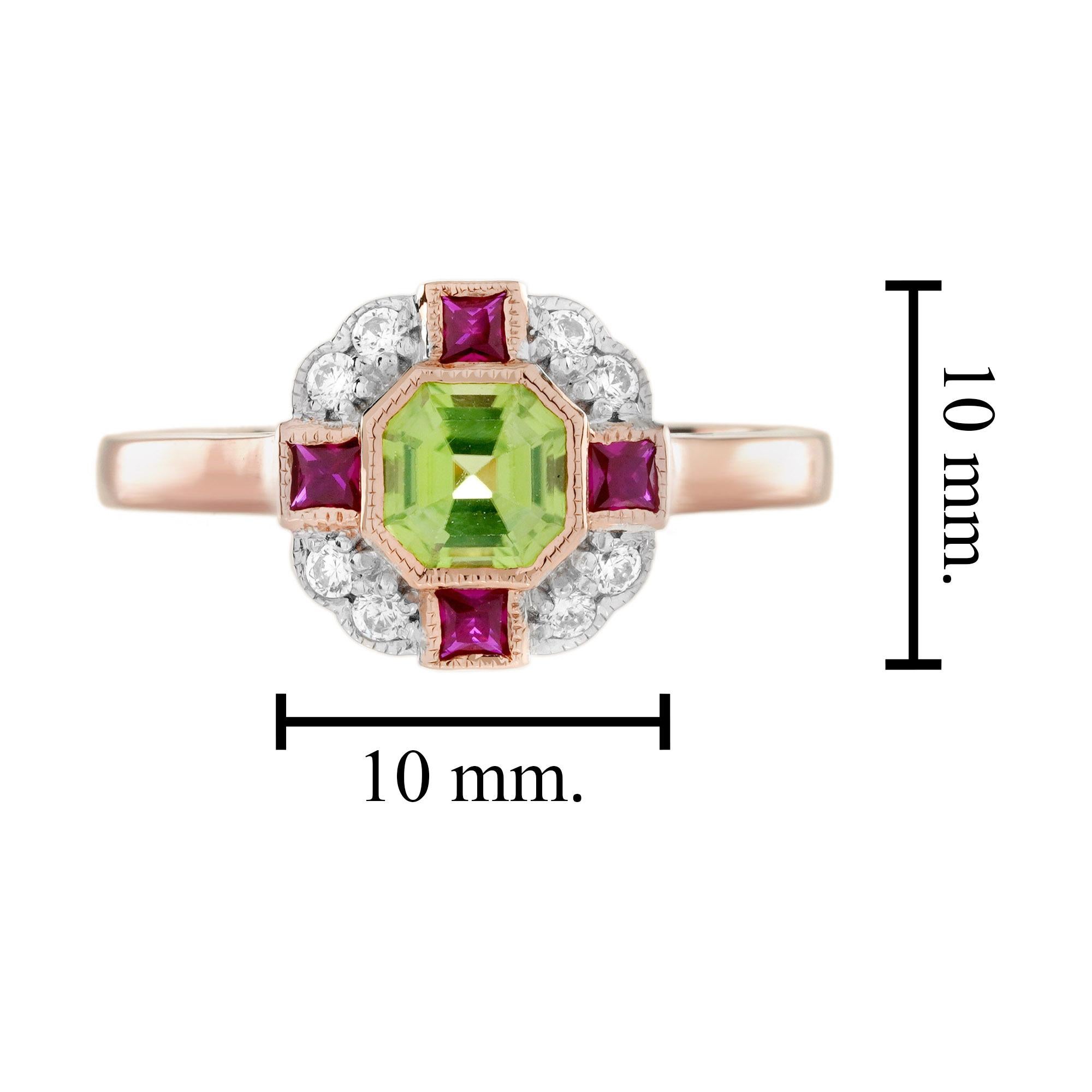 Peridot Ruby and Diamond Art Deco Style Ring in 14K Rose Gold en venta 5