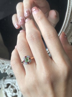 Peridot Ruby and Diamond Art Deco Style Ring in 14K Rose Gold